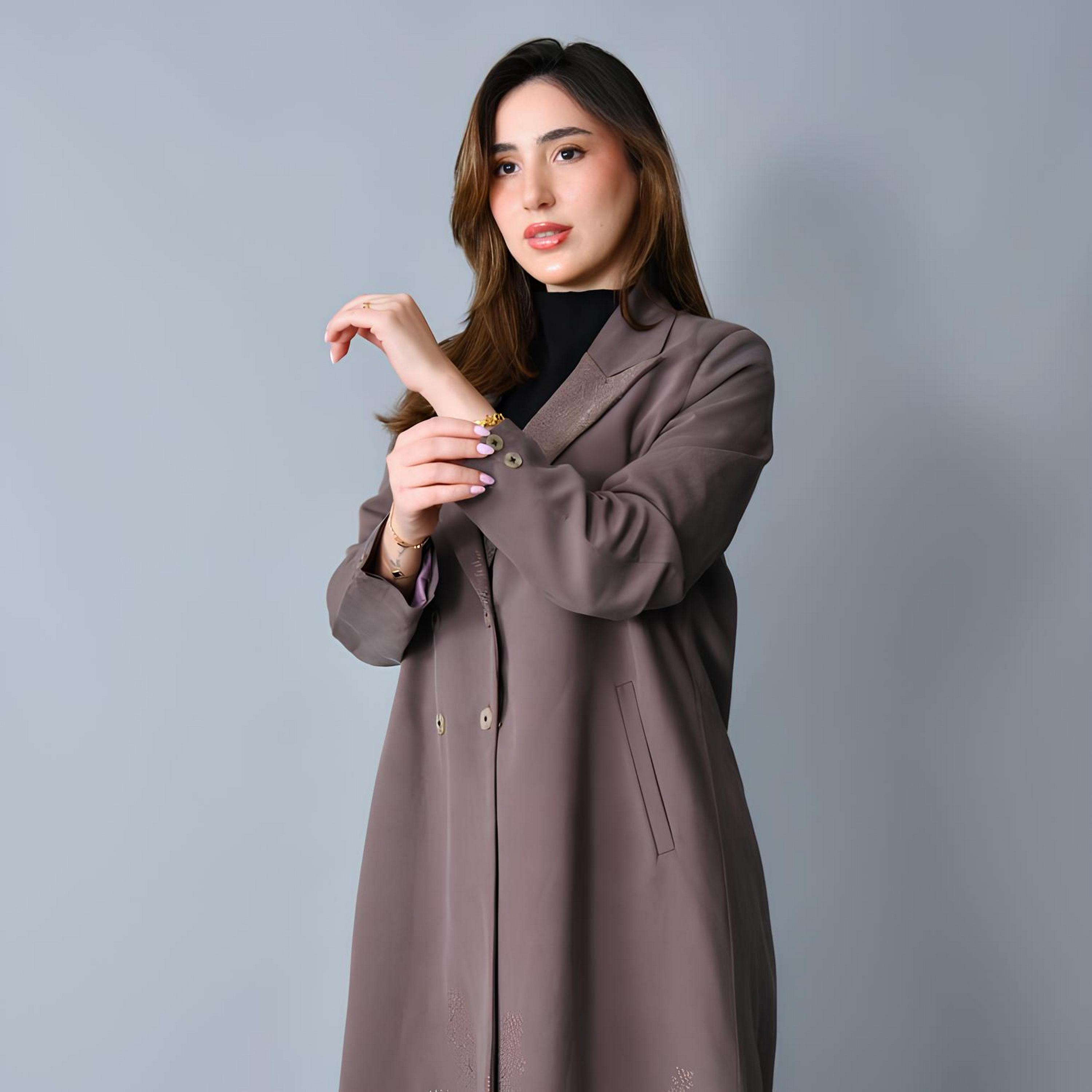 Hawraa Mocha Jacquard Lapel Collar Linen Women's Formal Blazer Style Abaya-women-arabicclothing-abayas-image-2