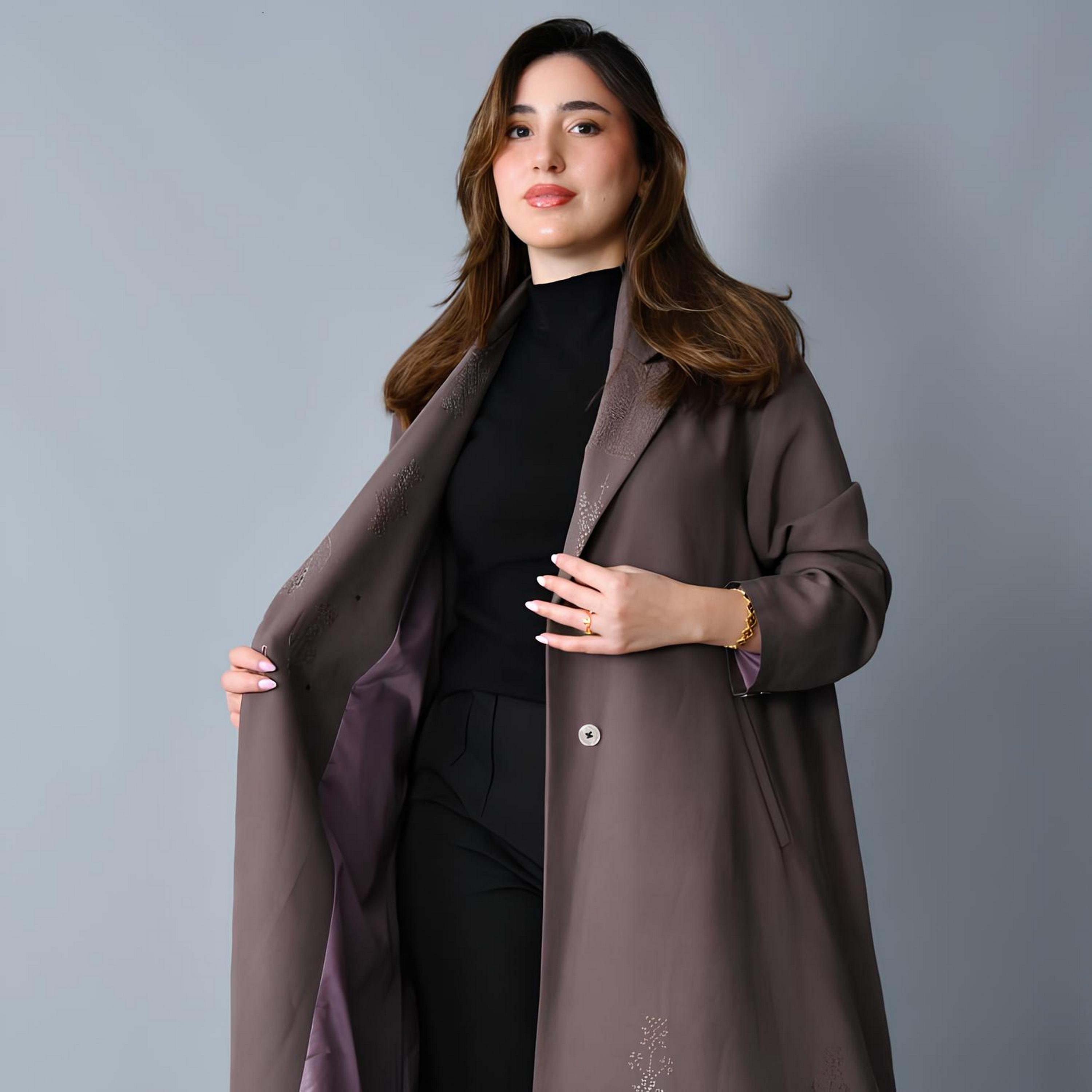 Hawraa Mocha Jacquard Lapel Collar Linen Women's Formal Blazer Style Abaya-women-arabicclothing-abayas-image-3