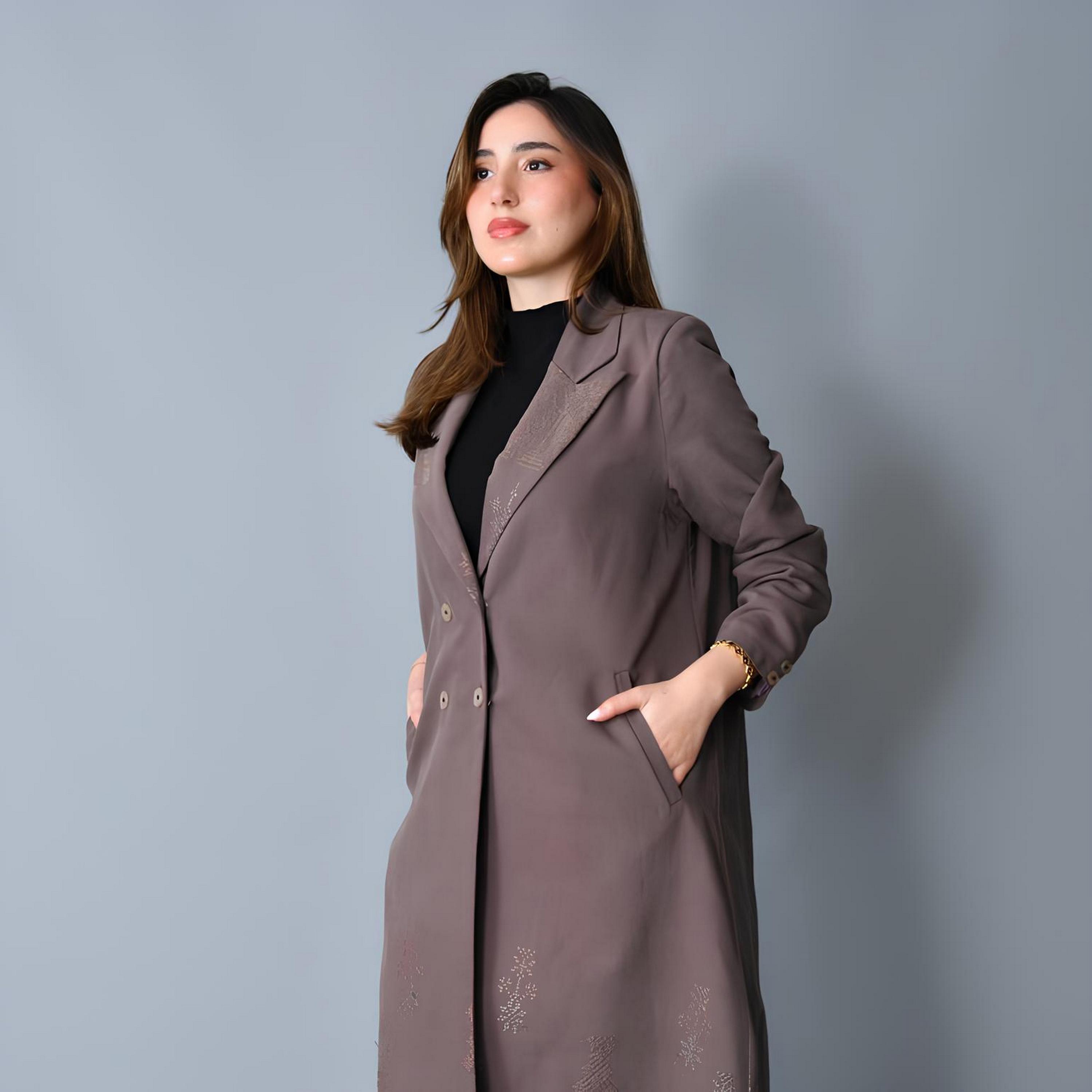 Hawraa Mocha Jacquard Lapel Collar Linen Women's Formal Blazer Style Abaya-women-arabicclothing-abayas-image-4