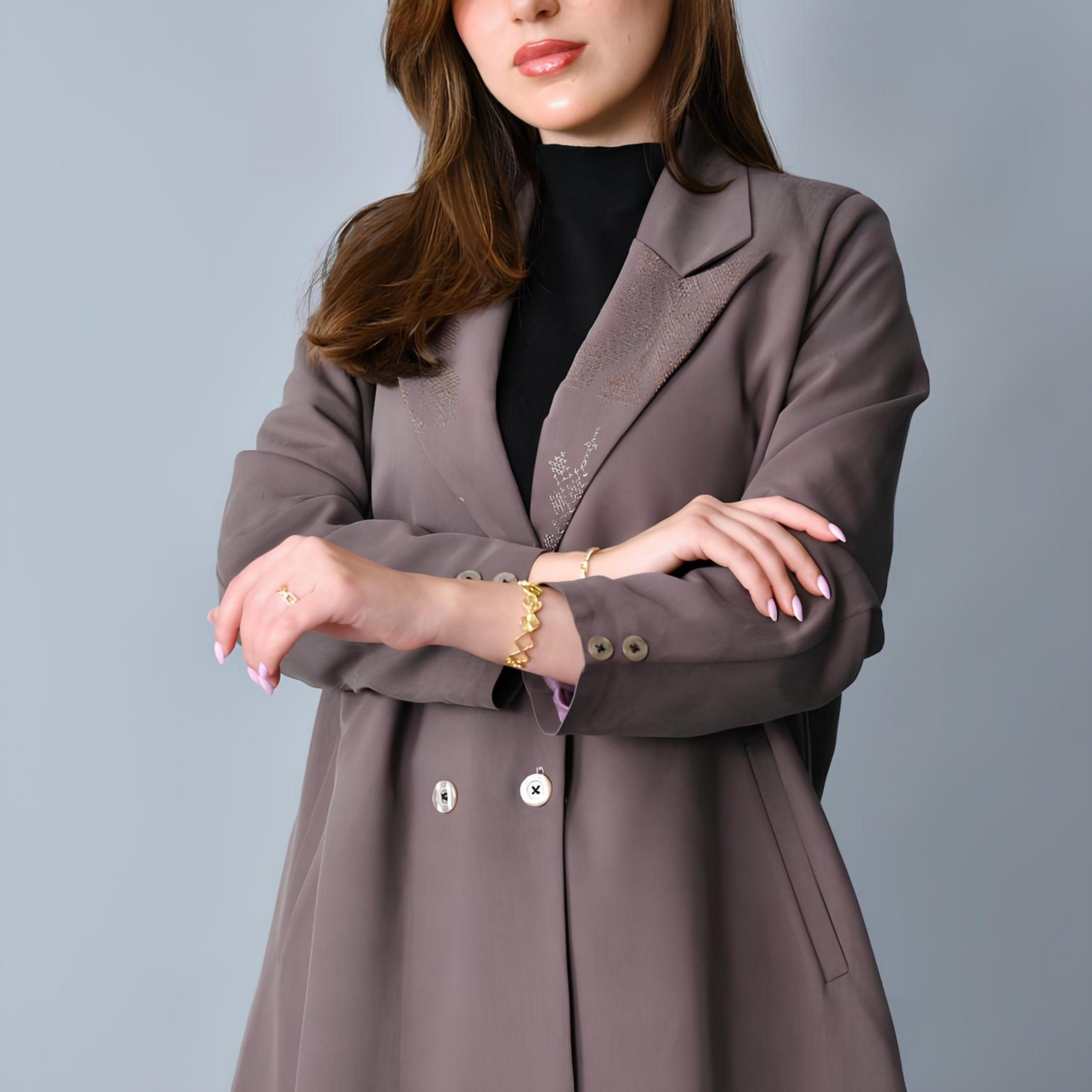 Hawraa Mocha Jacquard Lapel Collar Linen Women's Formal Blazer Style Abaya-women-arabicclothing-abayas-image-5