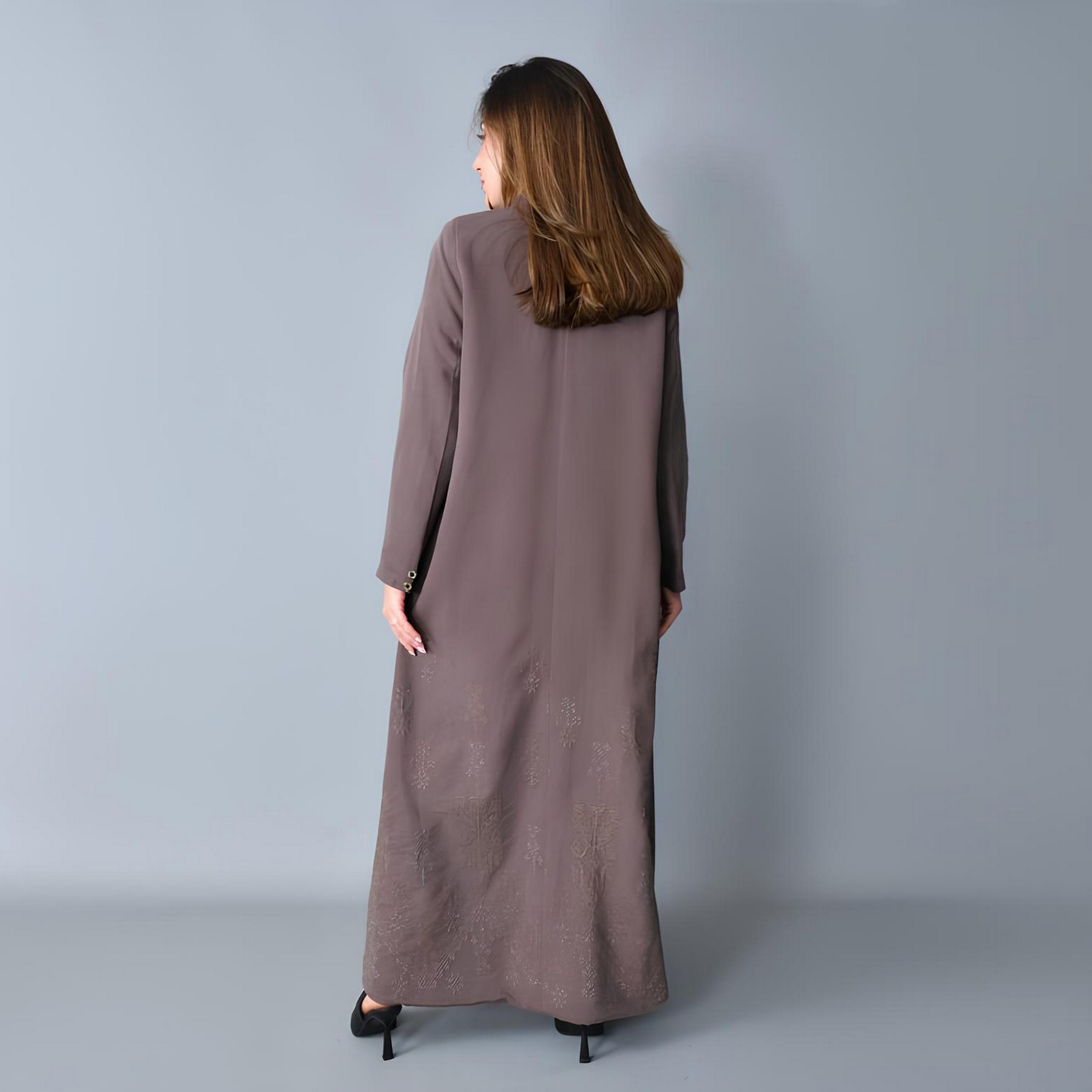 Hawraa Mocha Jacquard Lapel Collar Linen Women's Formal Blazer Style Abaya-women-arabicclothing-abayas-image-6