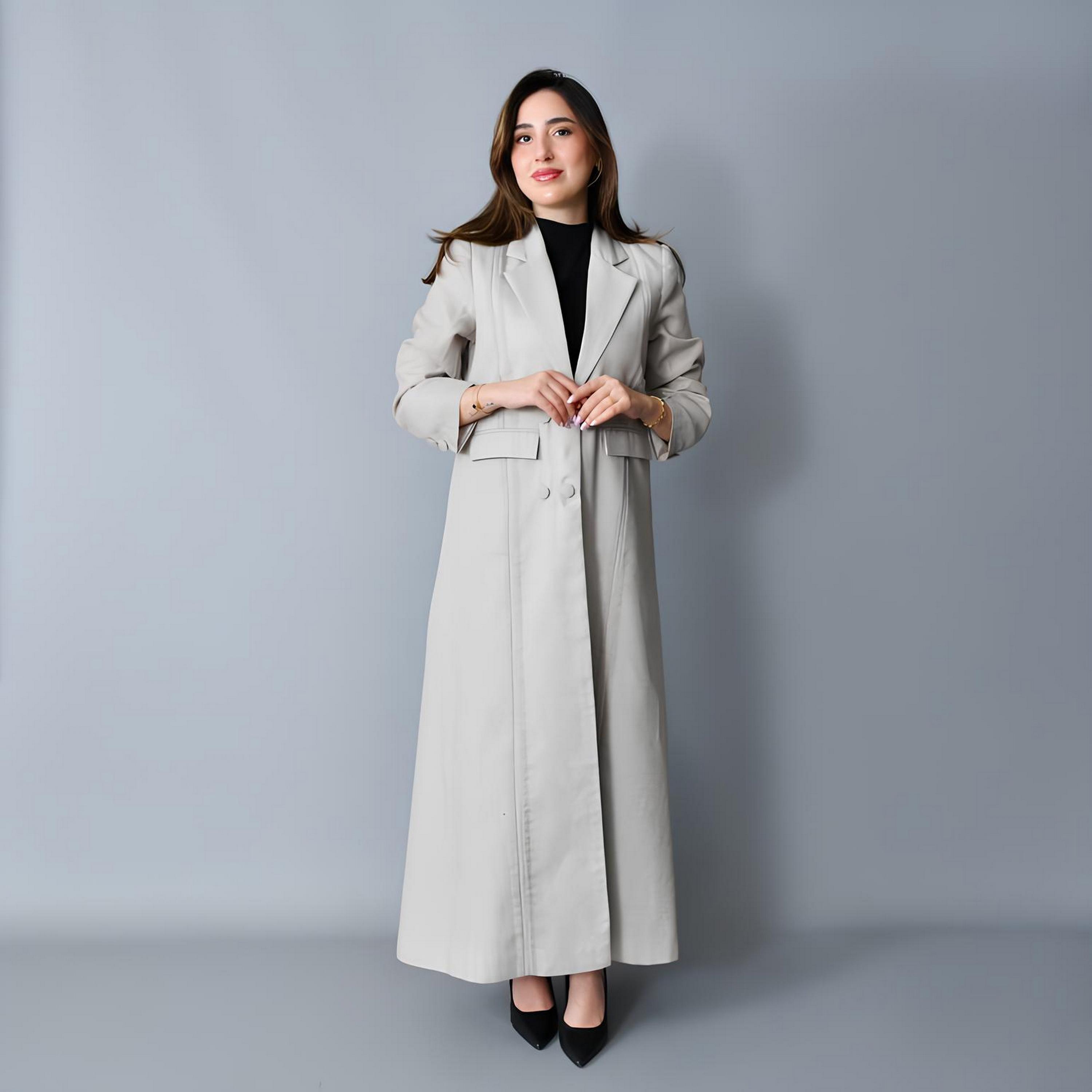 عباية رسمية "بلايزر ستايل" بياقة "لابل" كتان نسائية - رمادي من حوراء-women-arabicclothing-abayas-image-1
