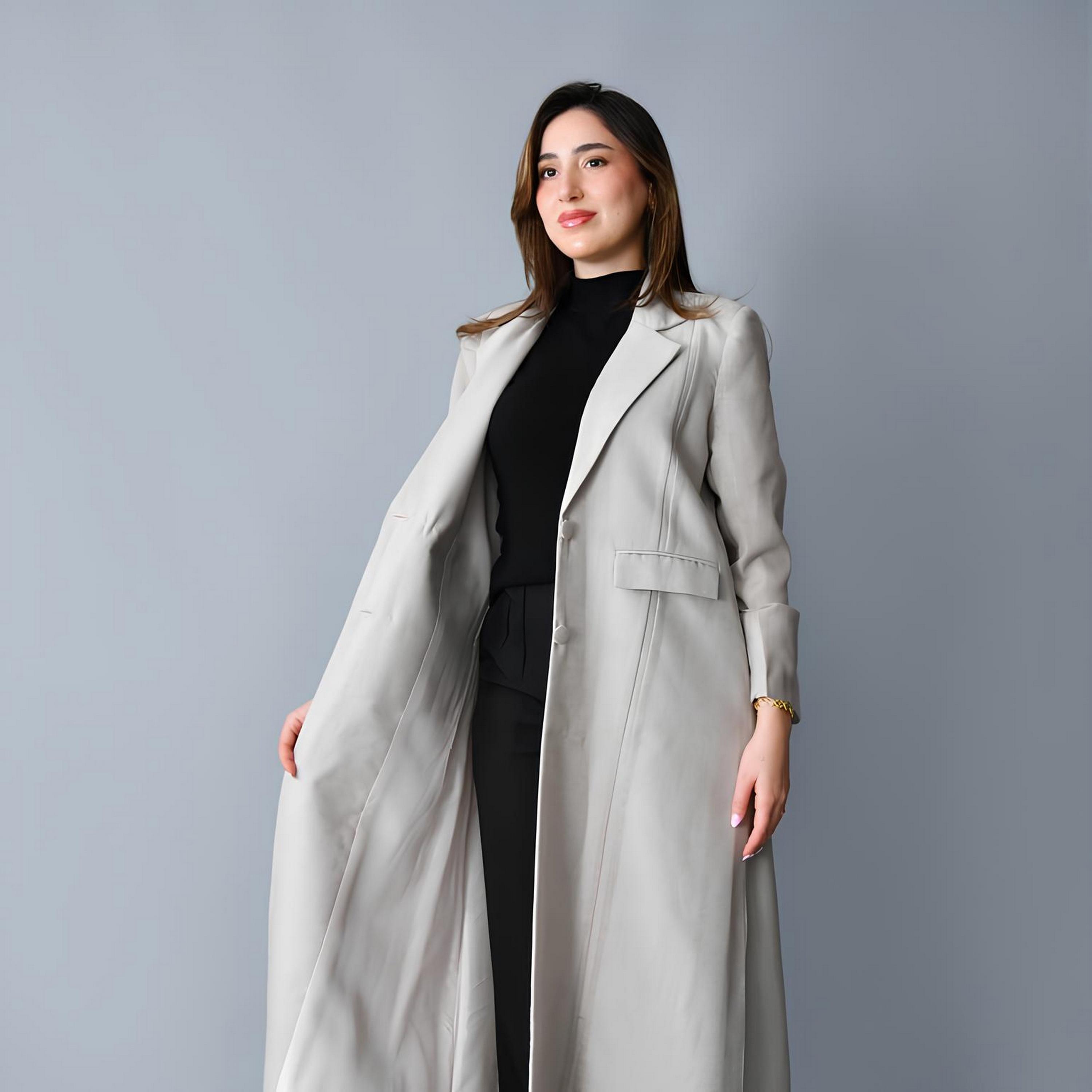 عباية رسمية "بلايزر ستايل" بياقة "لابل" كتان نسائية - رمادي من حوراء-women-arabicclothing-abayas-image-2