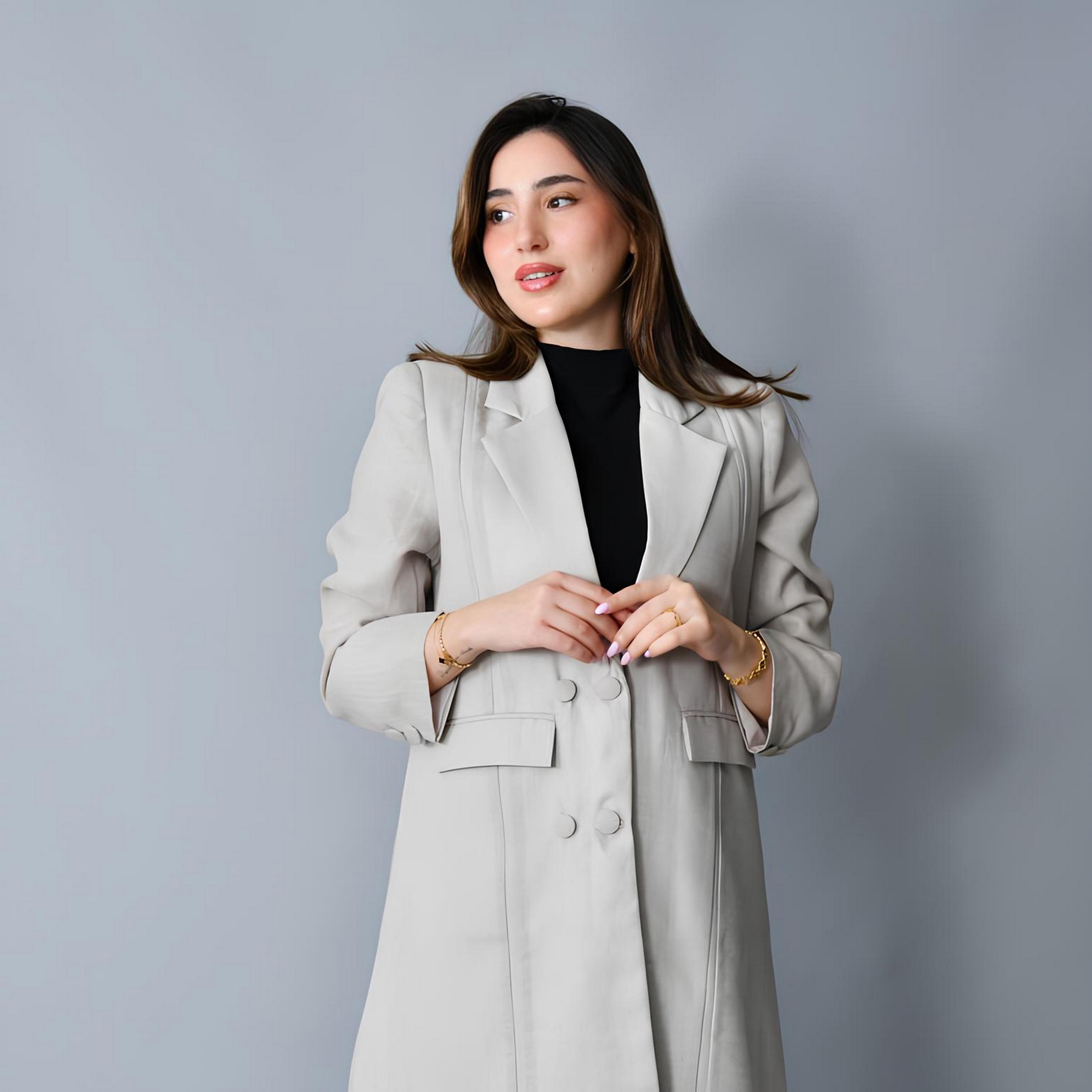 عباية رسمية "بلايزر ستايل" بياقة "لابل" كتان نسائية - رمادي من حوراء-women-arabicclothing-abayas-image-3