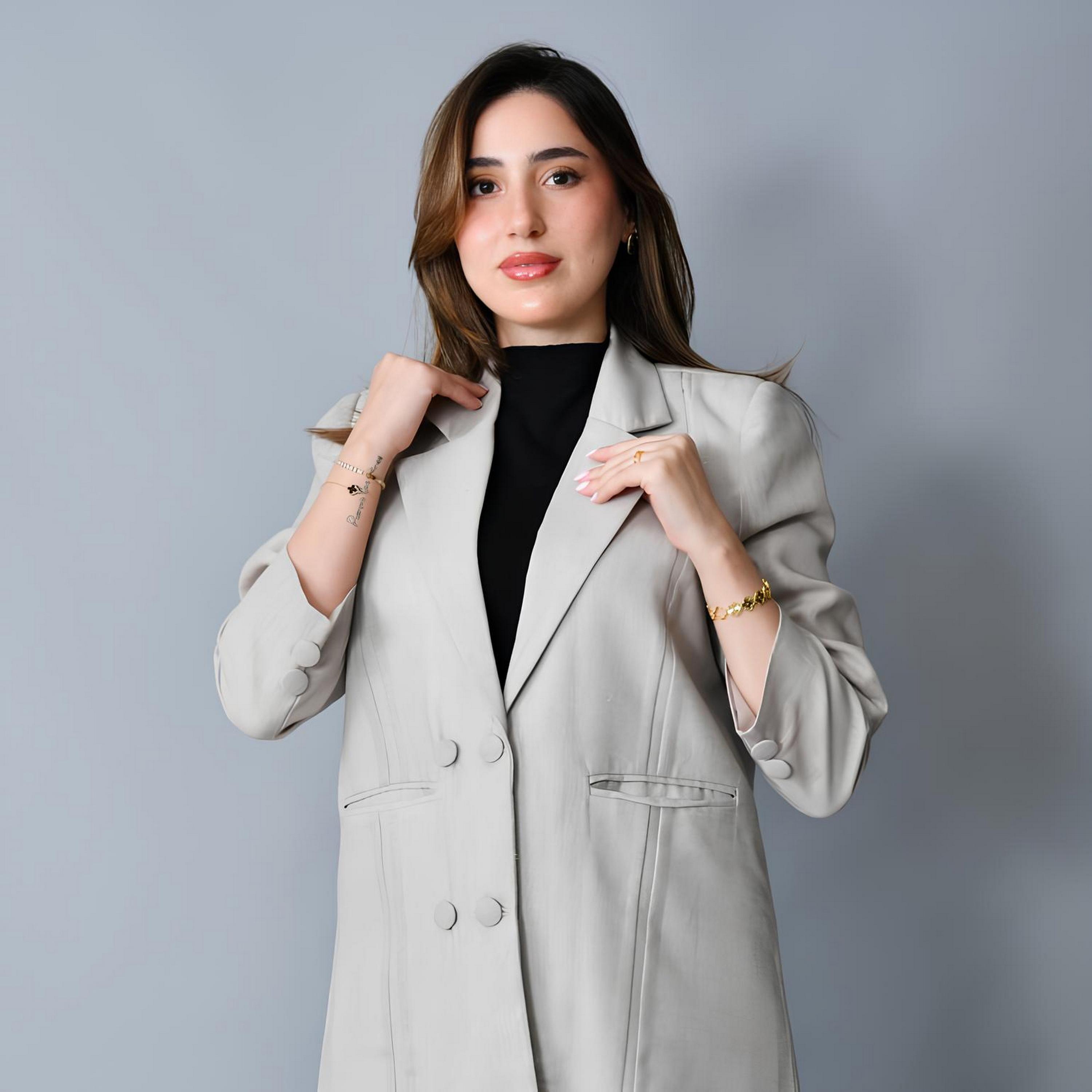 عباية رسمية "بلايزر ستايل" بياقة "لابل" كتان نسائية - رمادي من حوراء-women-arabicclothing-abayas-image-4