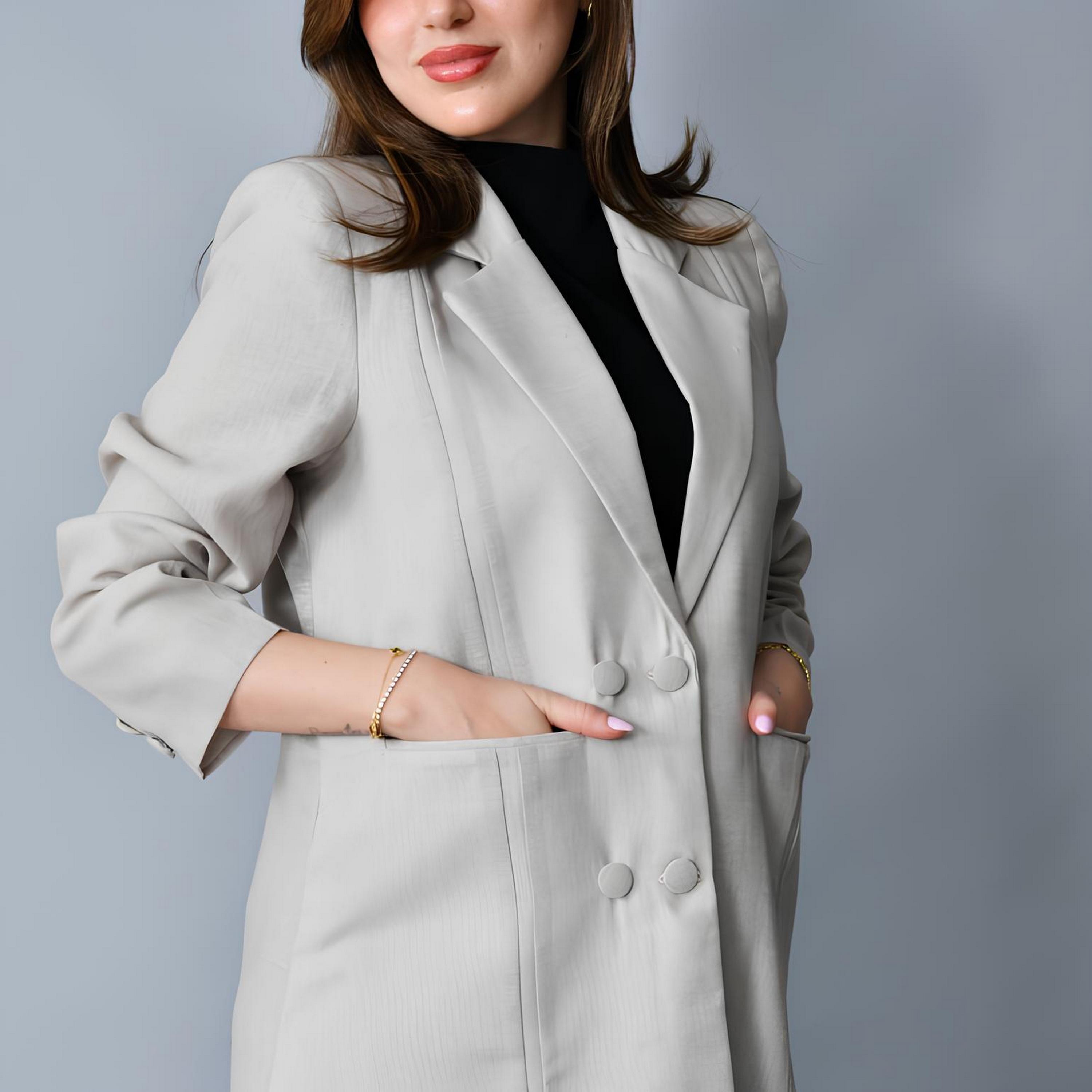 عباية رسمية "بلايزر ستايل" بياقة "لابل" كتان نسائية - رمادي من حوراء-women-arabicclothing-abayas-image-5