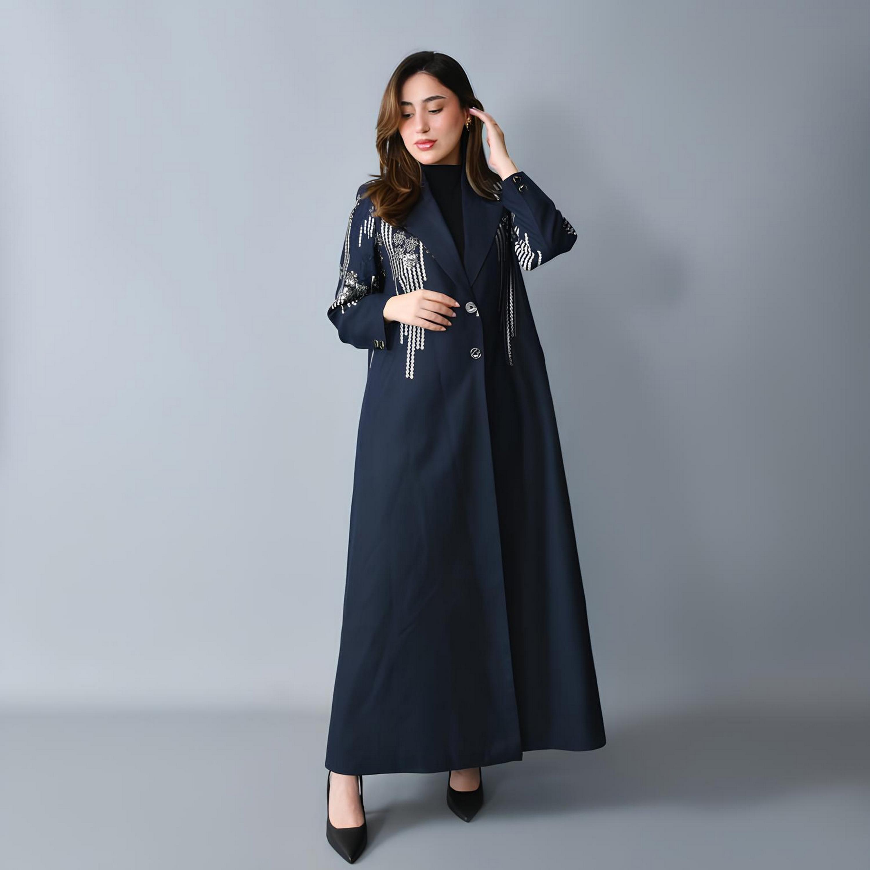 Hawraa Navy Blue Embroidered Lapel Collar Linen Women's Formal Blazer Style Abaya-women-arabicclothing-abayas-image-1