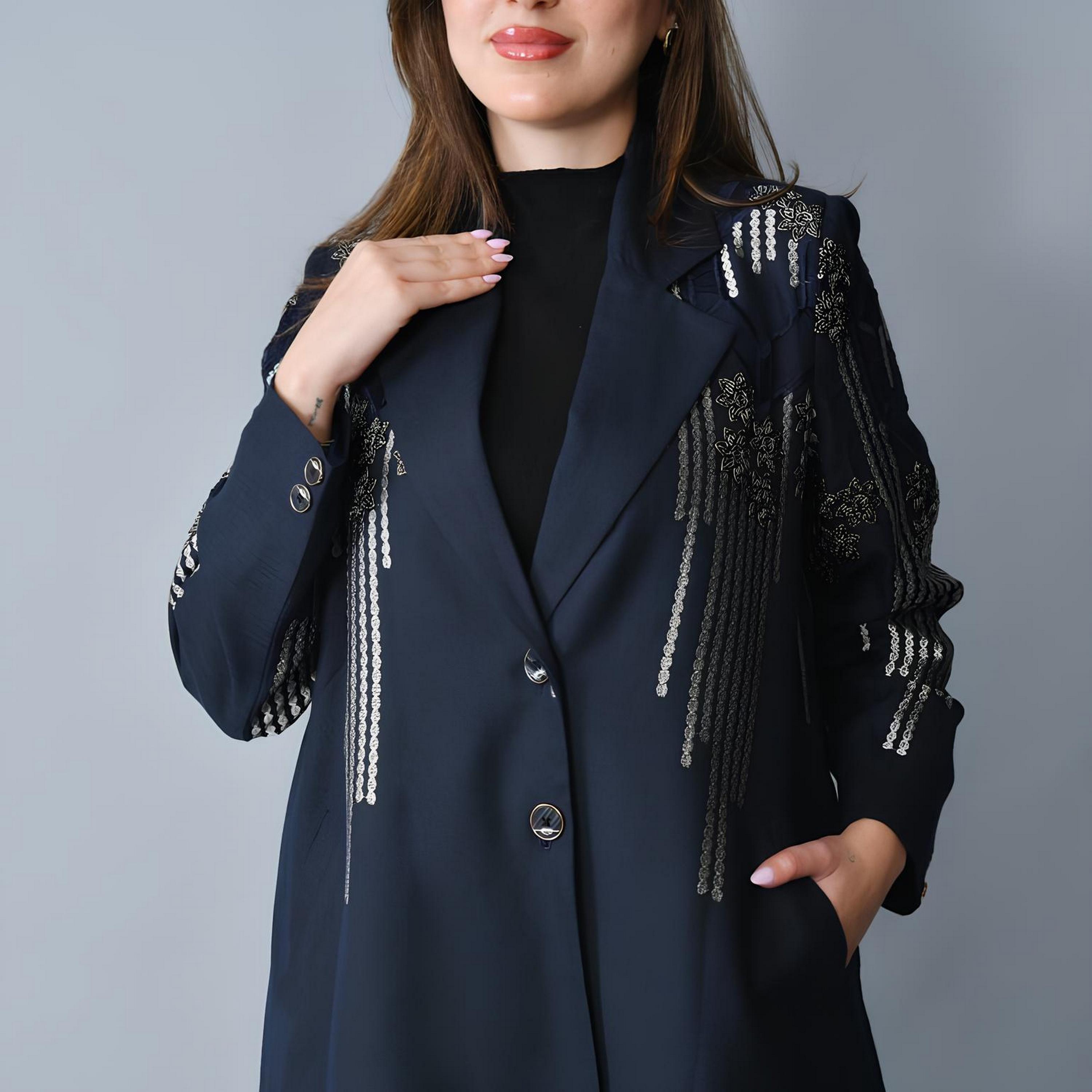 Hawraa Navy Blue Embroidered Lapel Collar Linen Women's Formal Blazer Style Abaya-women-arabicclothing-abayas-image-2
