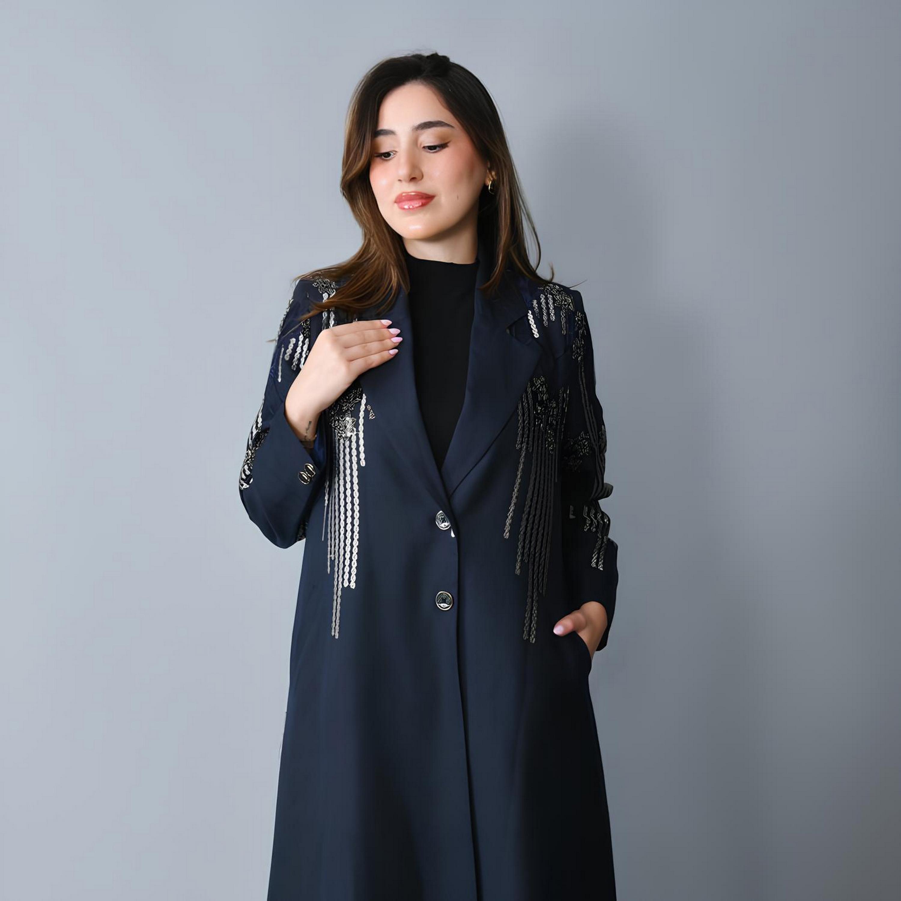 Hawraa Navy Blue Embroidered Lapel Collar Linen Women's Formal Blazer Style Abaya-women-arabicclothing-abayas-image-3