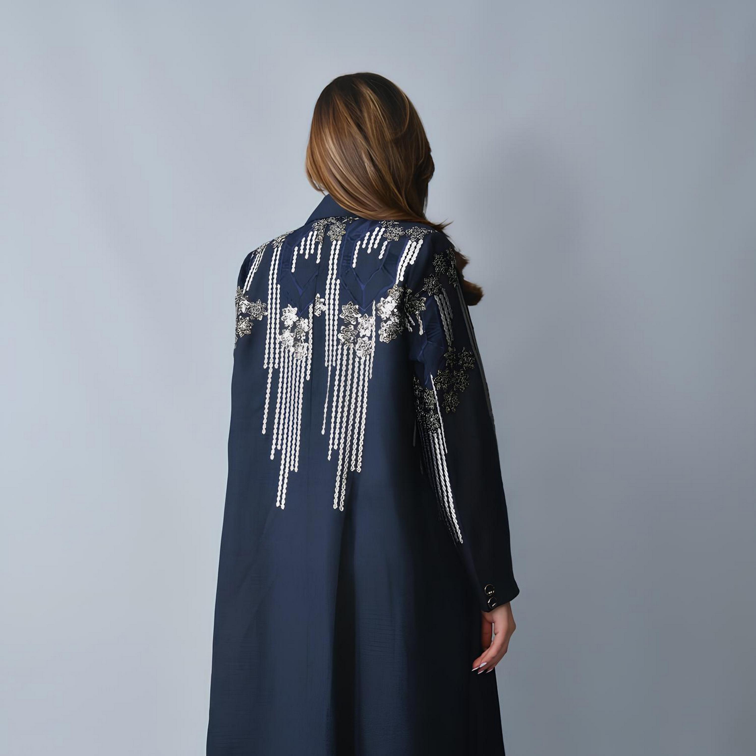 Hawraa Navy Blue Embroidered Lapel Collar Linen Women's Formal Blazer Style Abaya-women-arabicclothing-abayas-image-4
