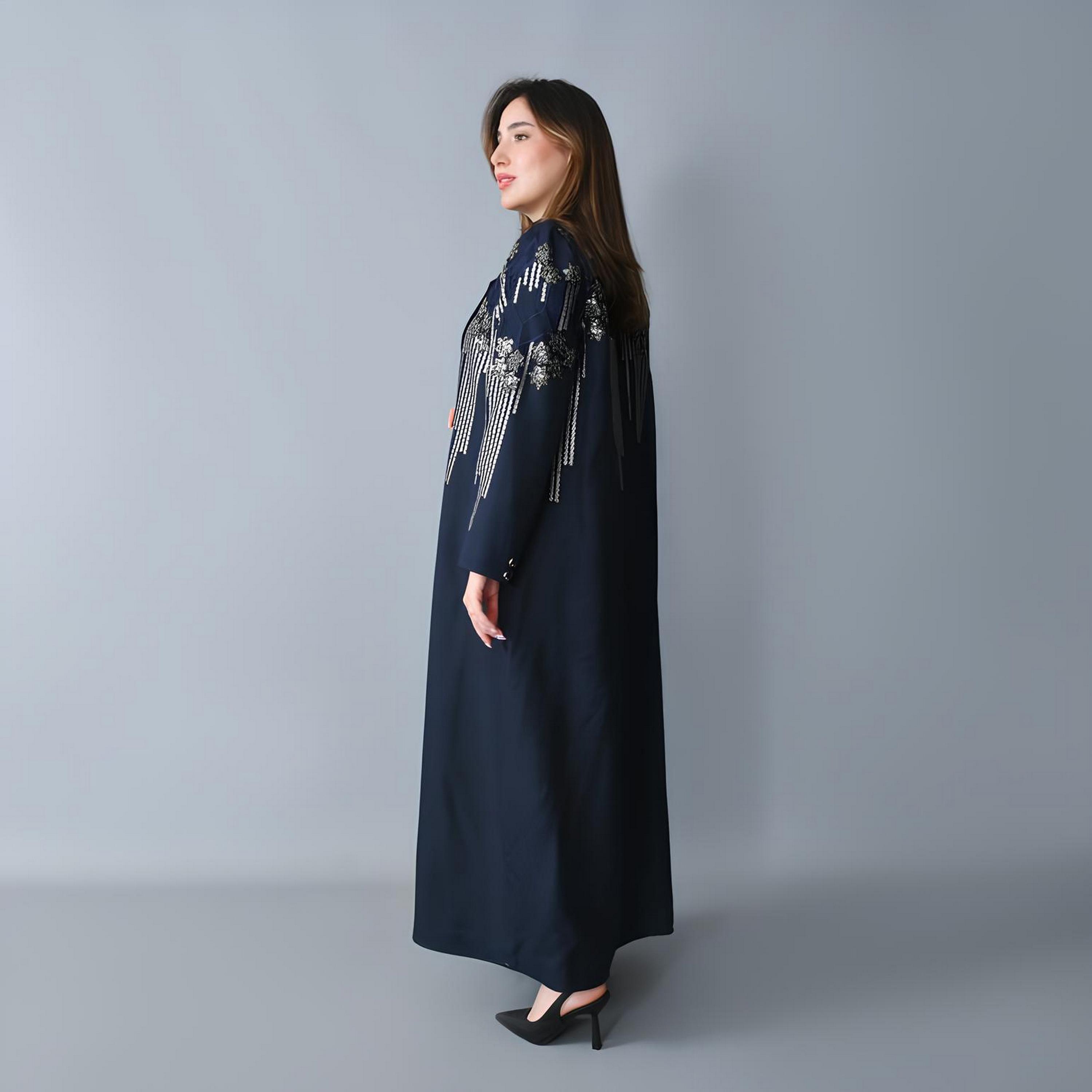Hawraa Navy Blue Embroidered Lapel Collar Linen Women's Formal Blazer Style Abaya-women-arabicclothing-abayas-image-5