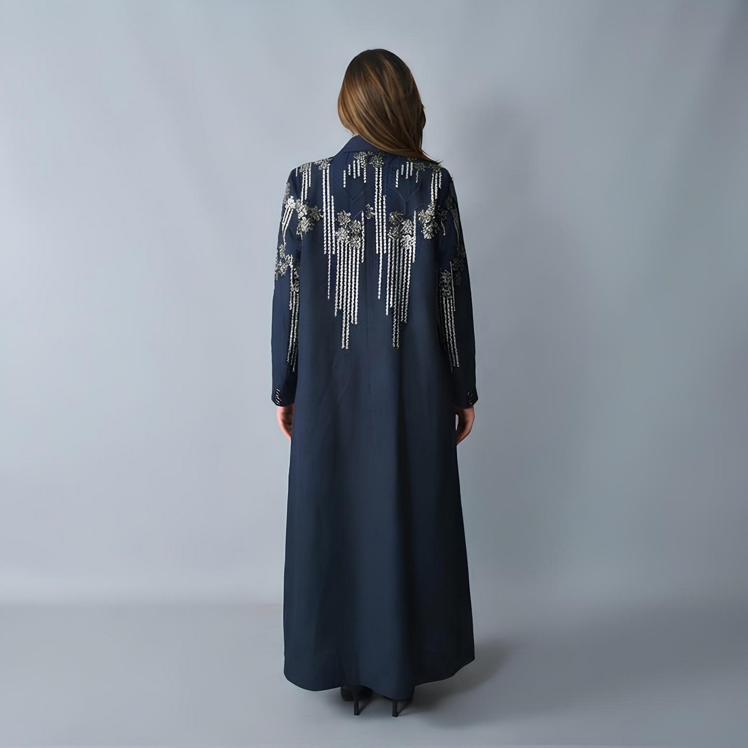 Hawraa Navy Blue Embroidered Lapel Collar Linen Women's Formal Blazer Style Abaya-women-arabicclothing-abayas-image-6