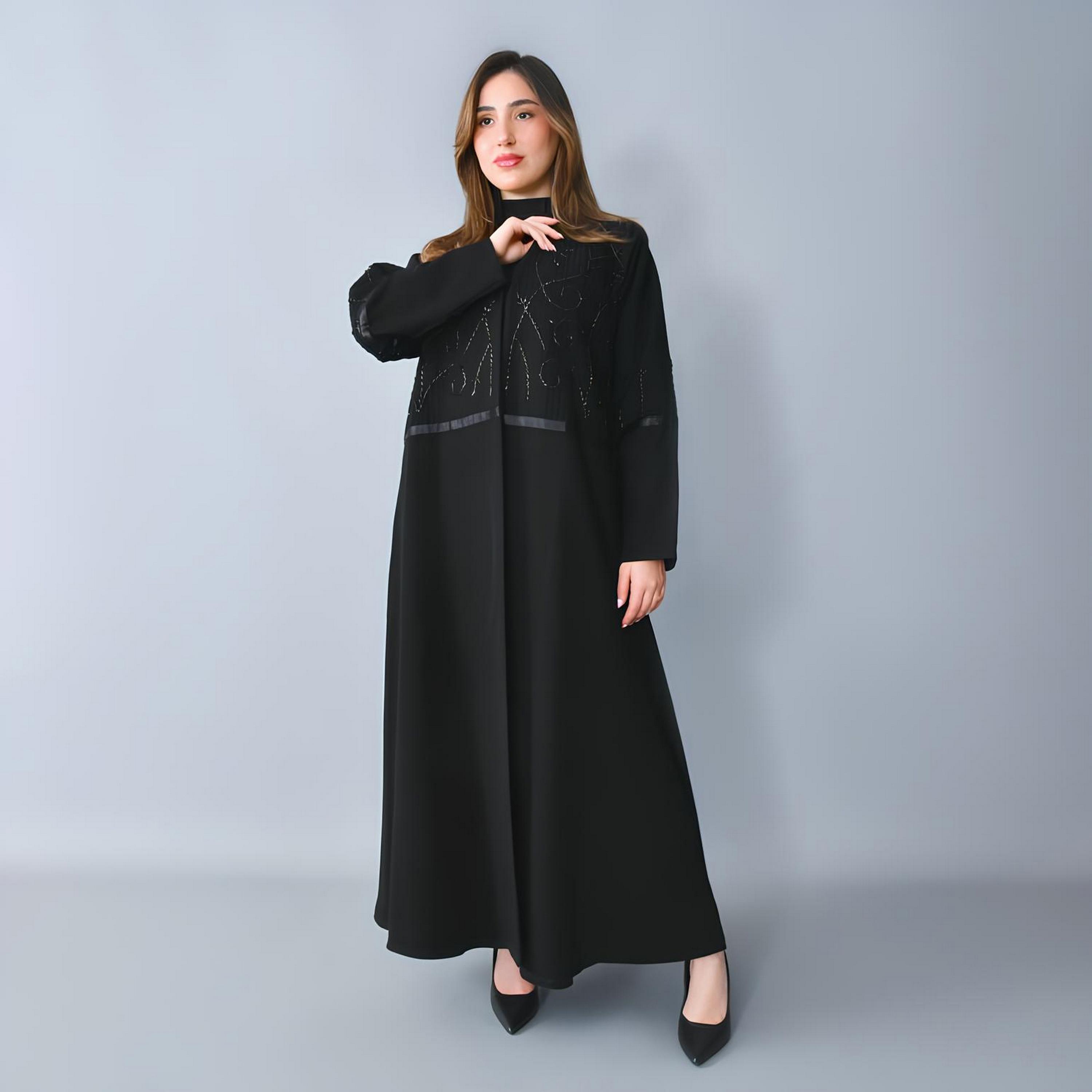 Hawraa Black Embellished Linen Women's Half-Cloche Cut Abaya-women-arabicclothing-abayas-image-1