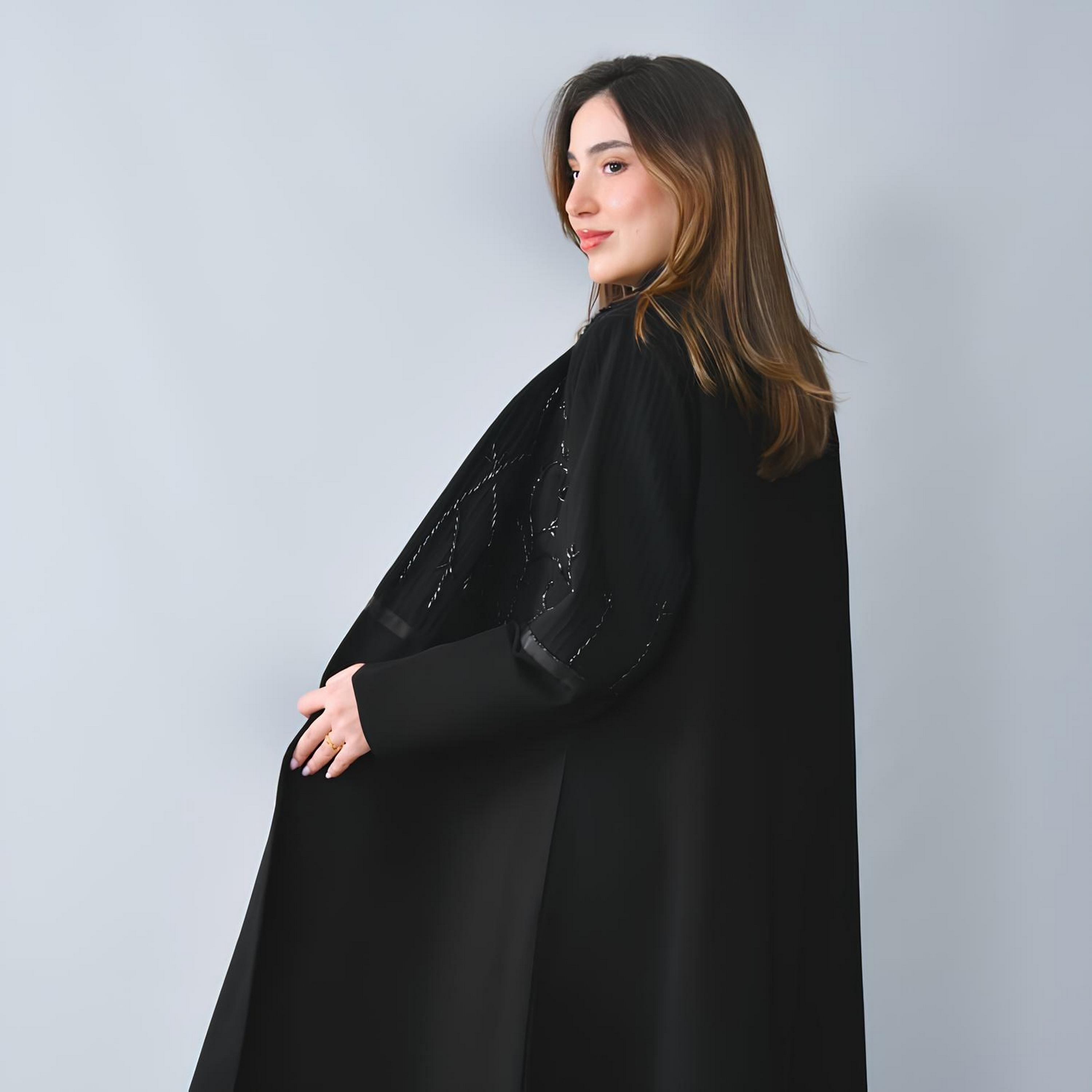 Hawraa Black Embellished Linen Women's Half-Cloche Cut Abaya-women-arabicclothing-abayas-image-2