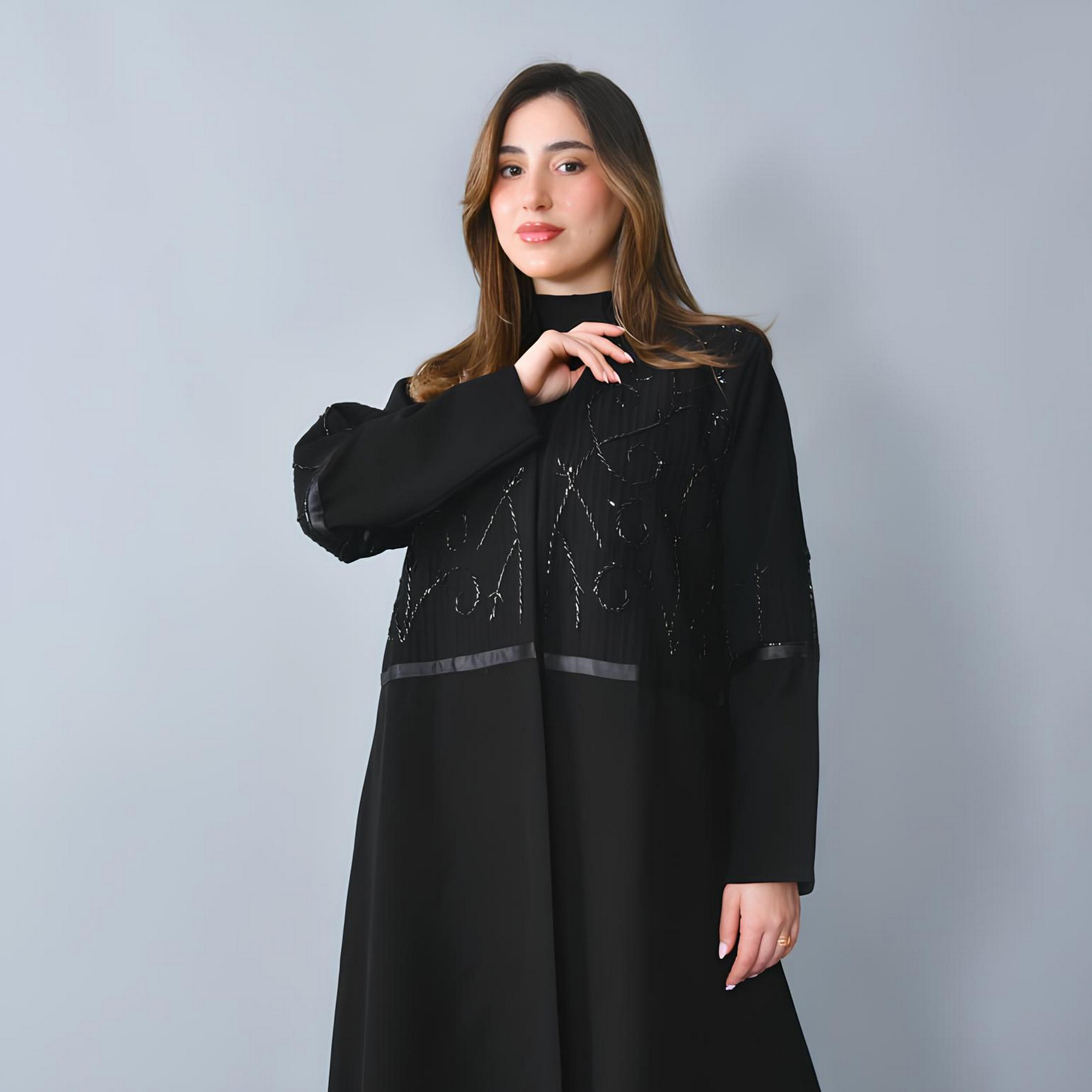 Hawraa Black Embellished Linen Women's Half-Cloche Cut Abaya-women-arabicclothing-abayas-image-3