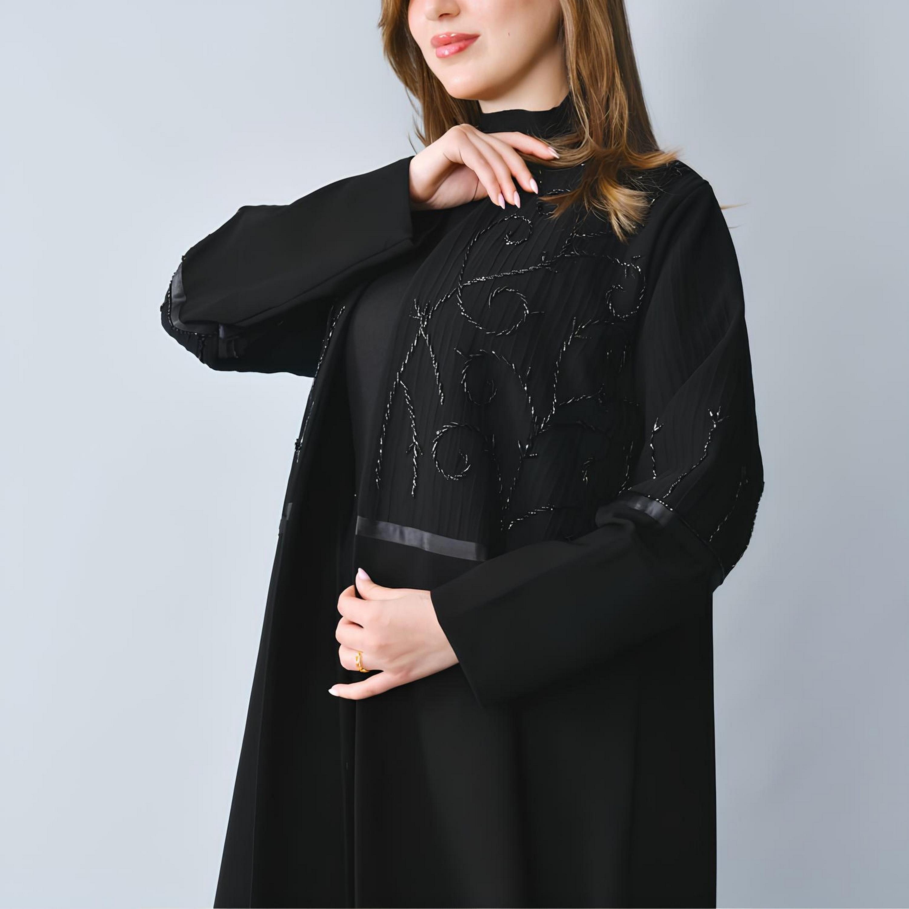 Hawraa Black Embellished Linen Women's Half-Cloche Cut Abaya-women-arabicclothing-abayas-image-4