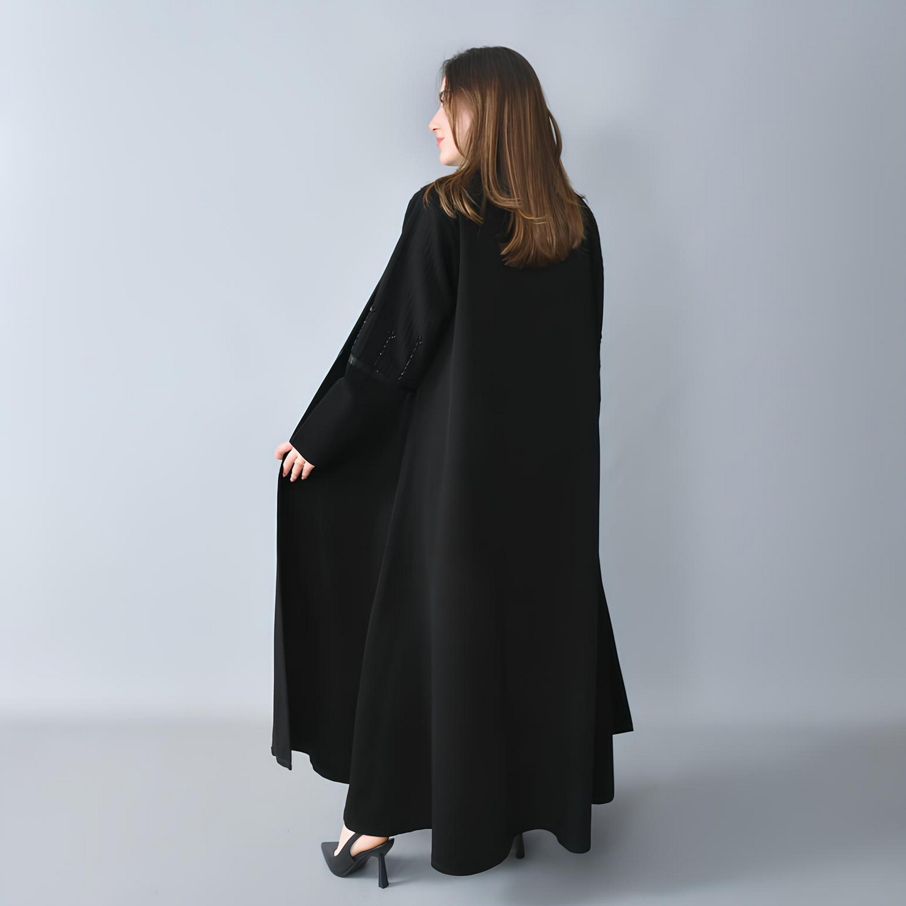Hawraa Black Embellished Linen Women's Half-Cloche Cut Abaya-women-arabicclothing-abayas-image-5