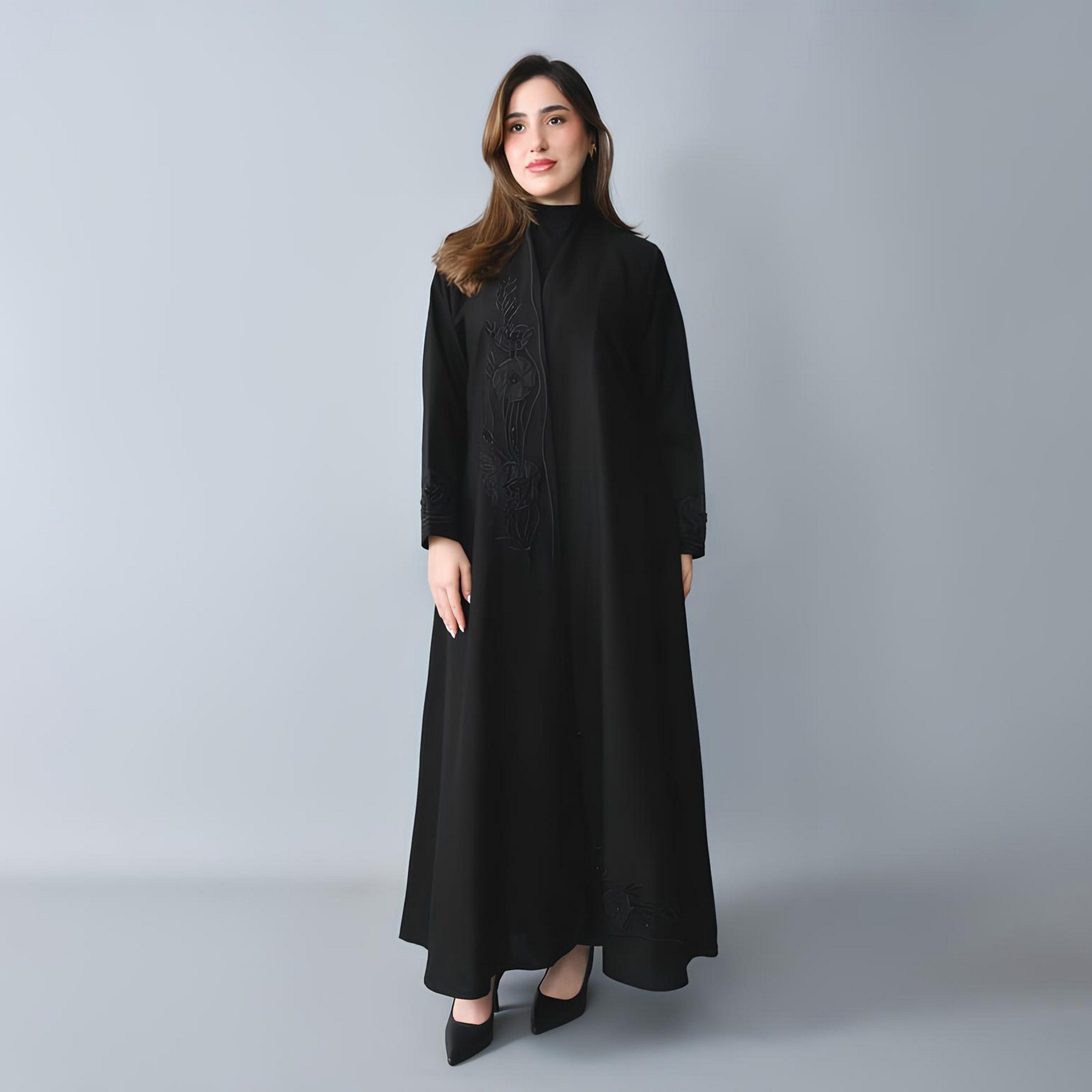 Hawraa Black Floral Embroidered Linen Women's Quarter-Cloche Cut Abaya-women-arabicclothing-abayas-image-1