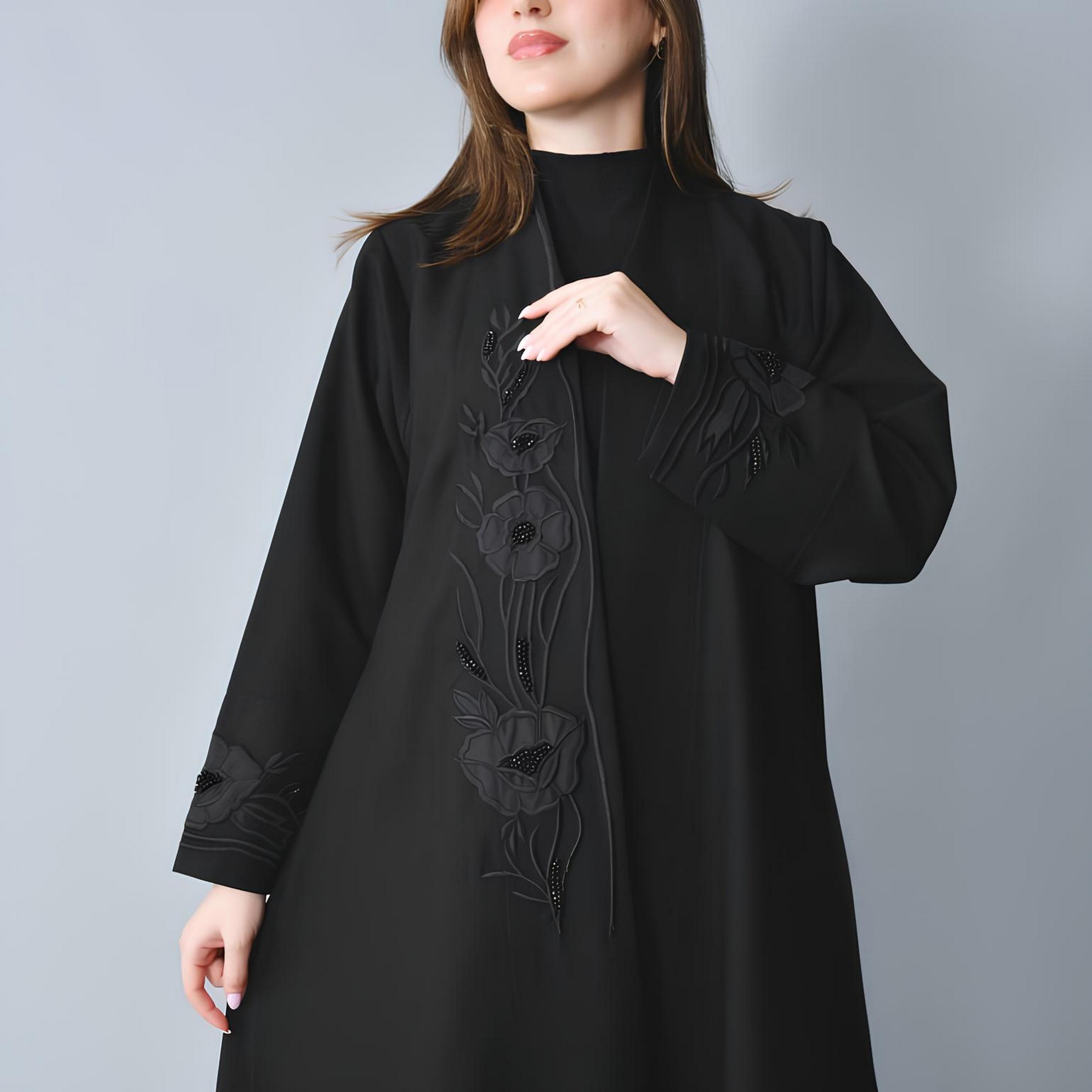 Hawraa Black Floral Embroidered Linen Women's Quarter-Cloche Cut Abaya-women-arabicclothing-abayas-image-2