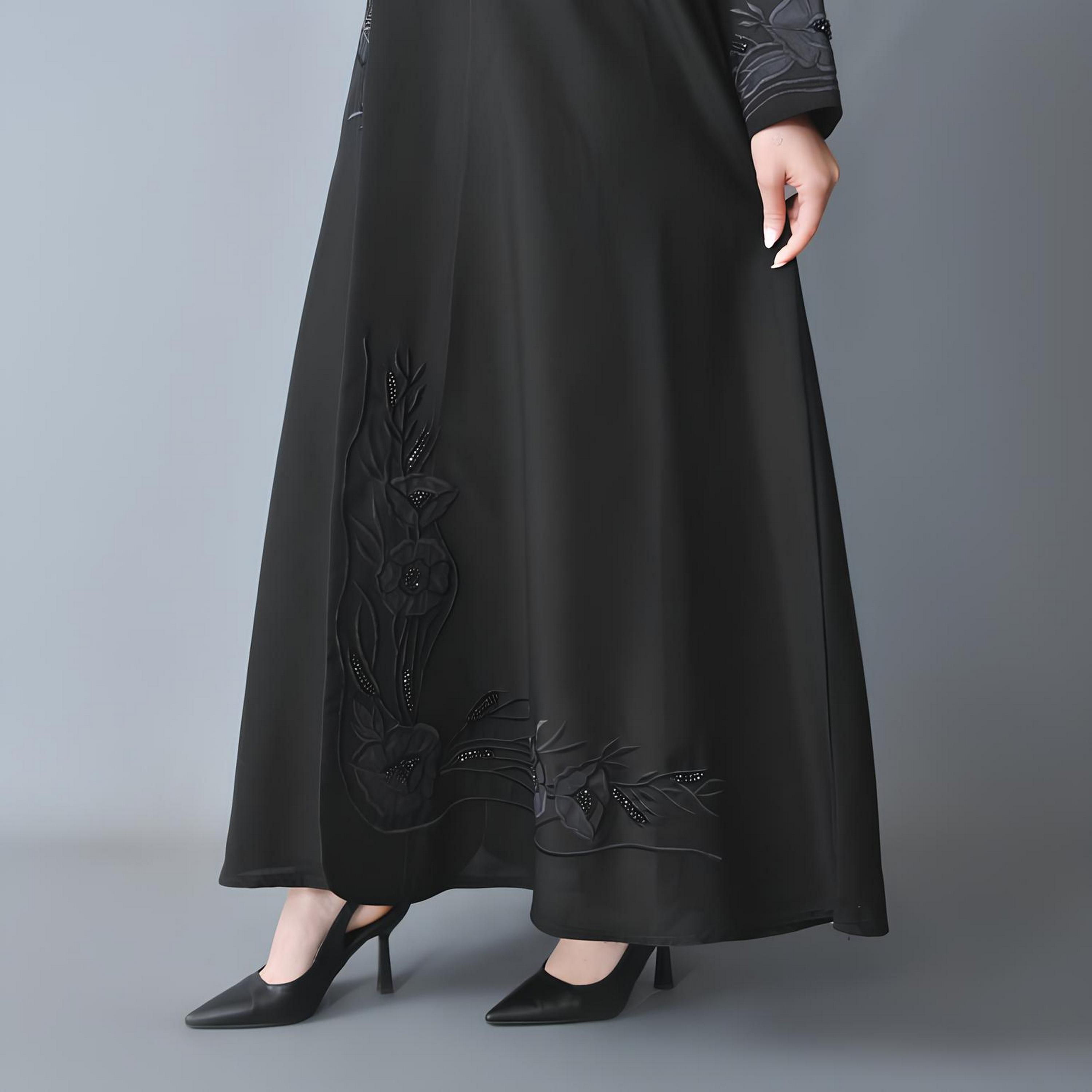 Hawraa Black Floral Embroidered Linen Women's Quarter-Cloche Cut Abaya-women-arabicclothing-abayas-image-3