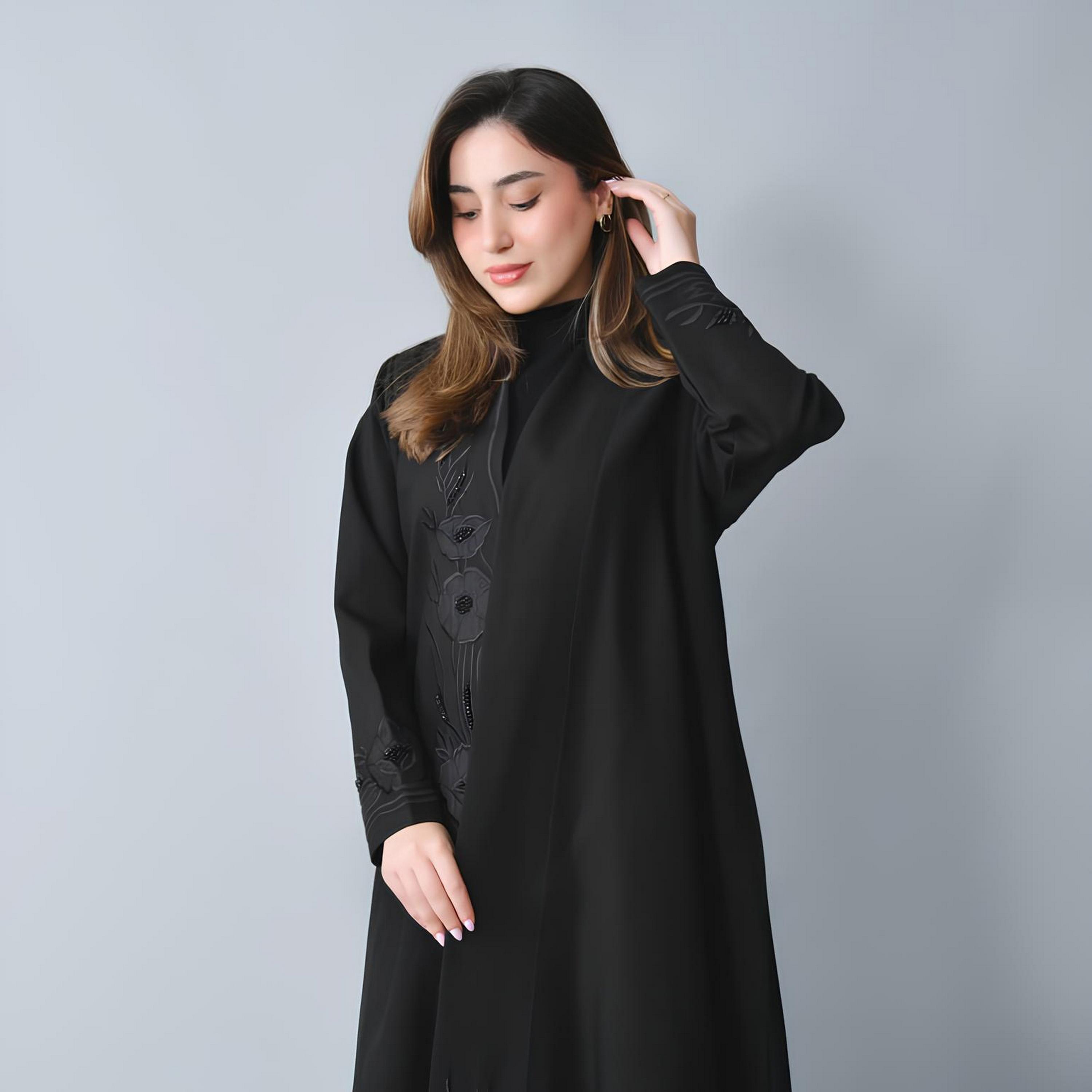 Hawraa Black Floral Embroidered Linen Women's Quarter-Cloche Cut Abaya-women-arabicclothing-abayas-image-4