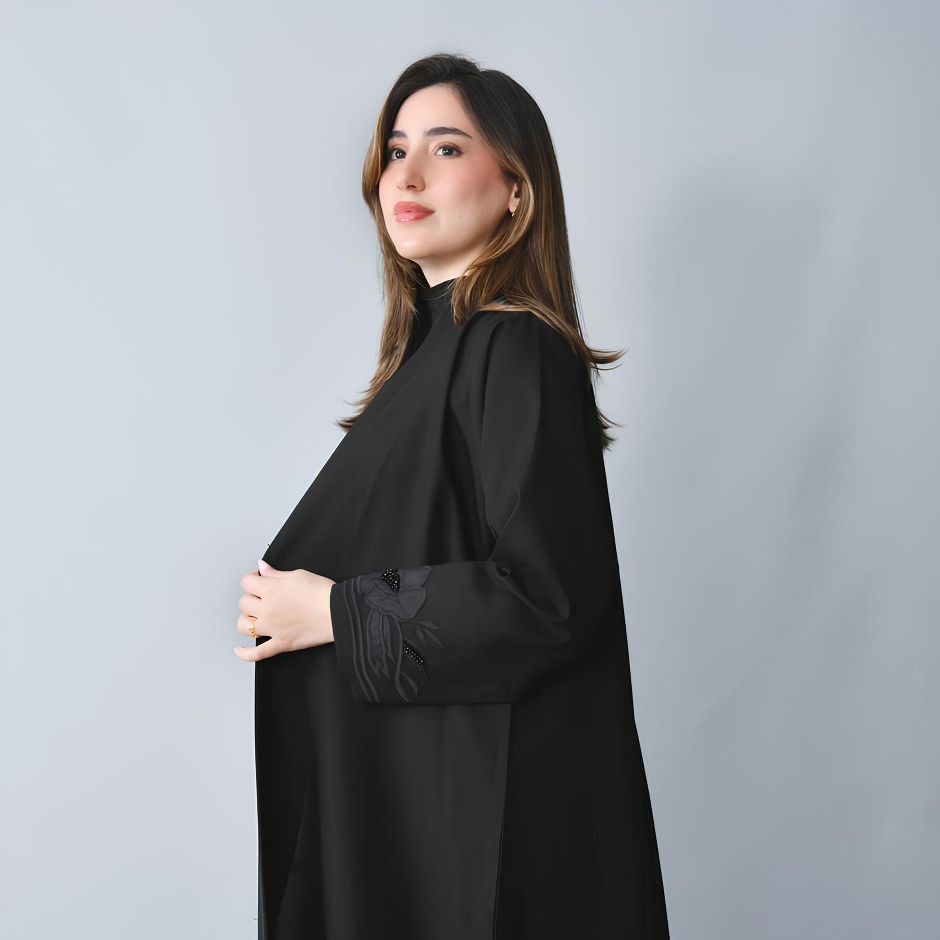 Hawraa Black Floral Embroidered Linen Women's Quarter-Cloche Cut Abaya-women-arabicclothing-abayas-image-5