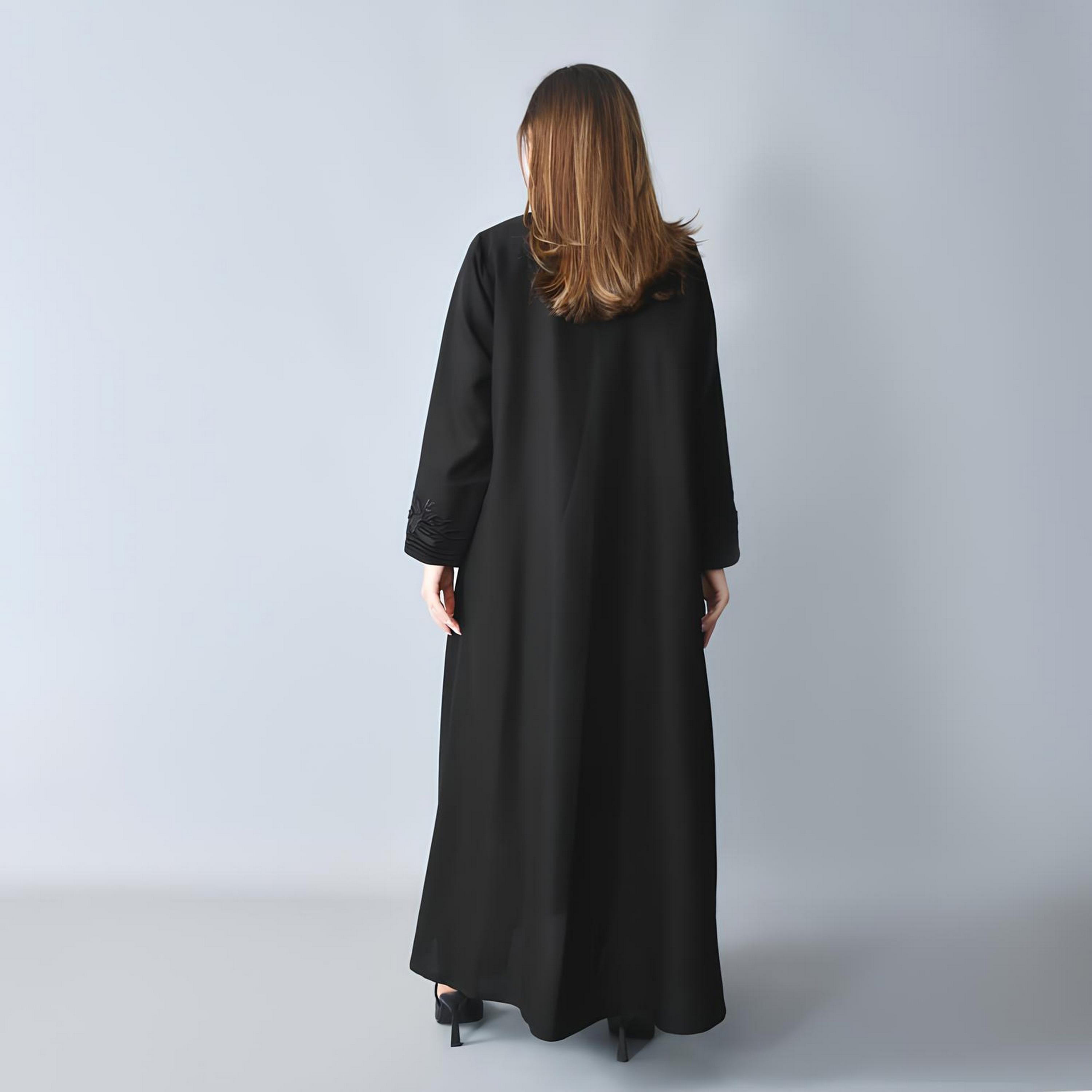 Hawraa Black Floral Embroidered Linen Women's Quarter-Cloche Cut Abaya-women-arabicclothing-abayas-image-6