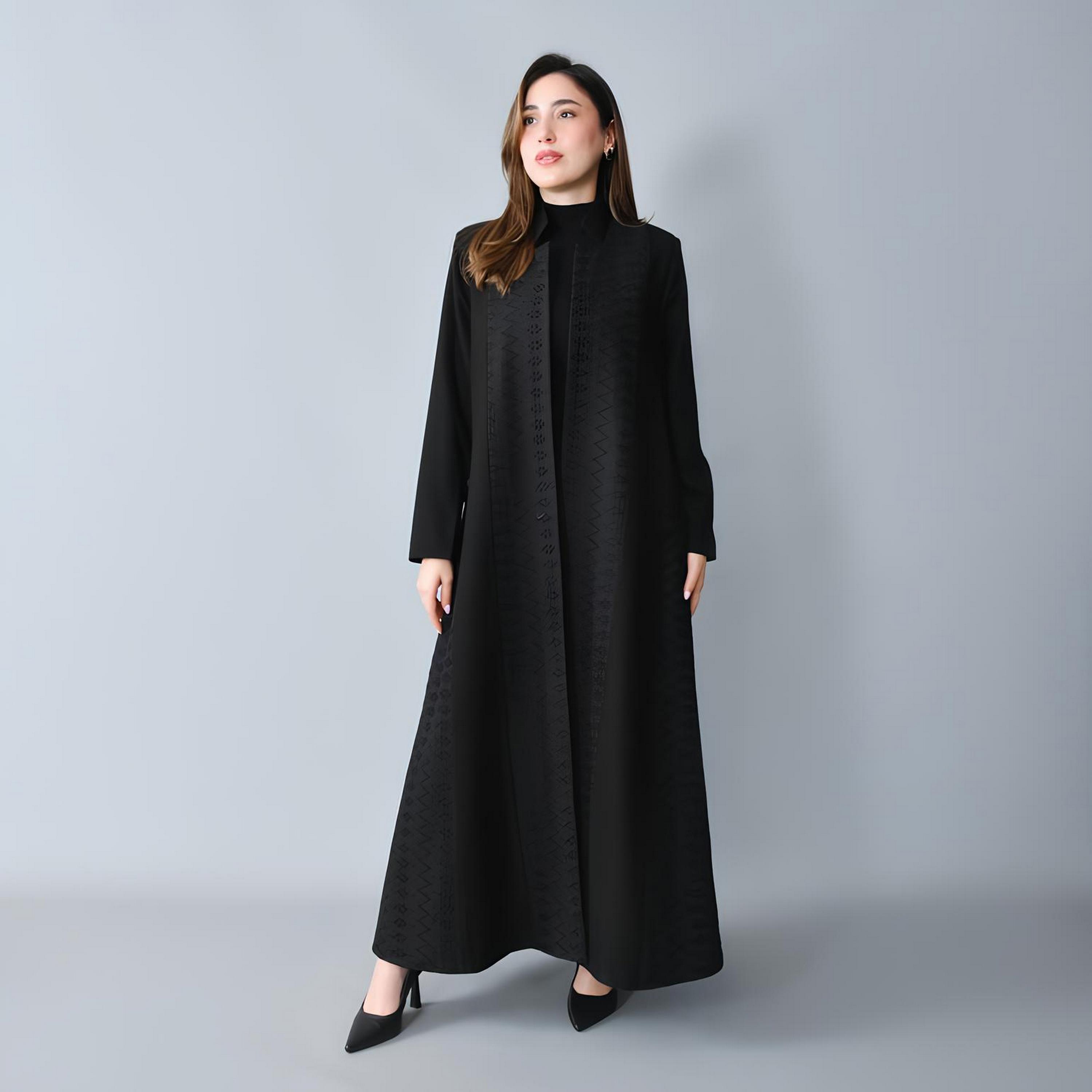 Hawraa Black Schiffli Embroidered Linen Women's Formal Abaya-women-arabicclothing-abayas-image-1