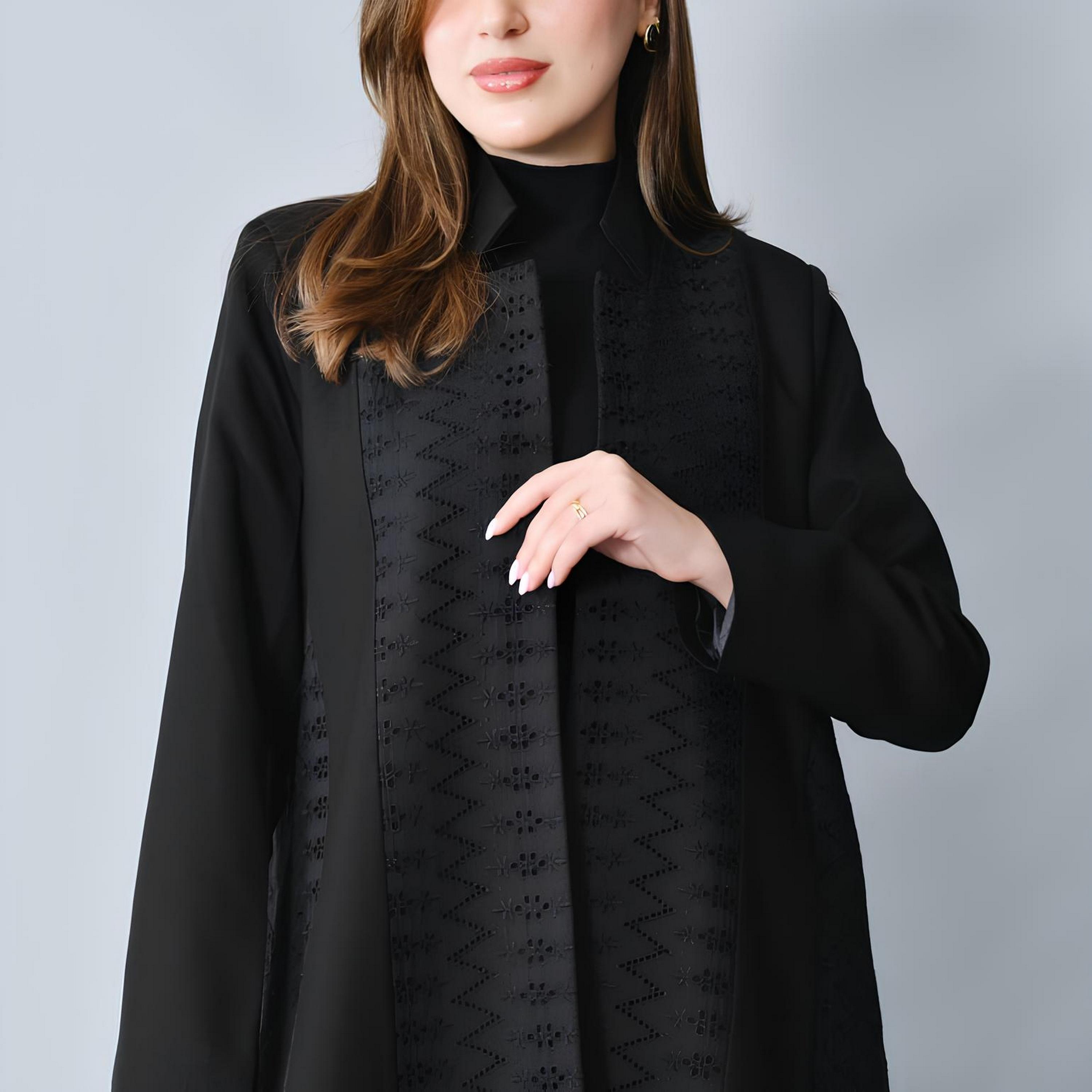 Hawraa Black Schiffli Embroidered Linen Women's Formal Abaya-women-arabicclothing-abayas-image-3