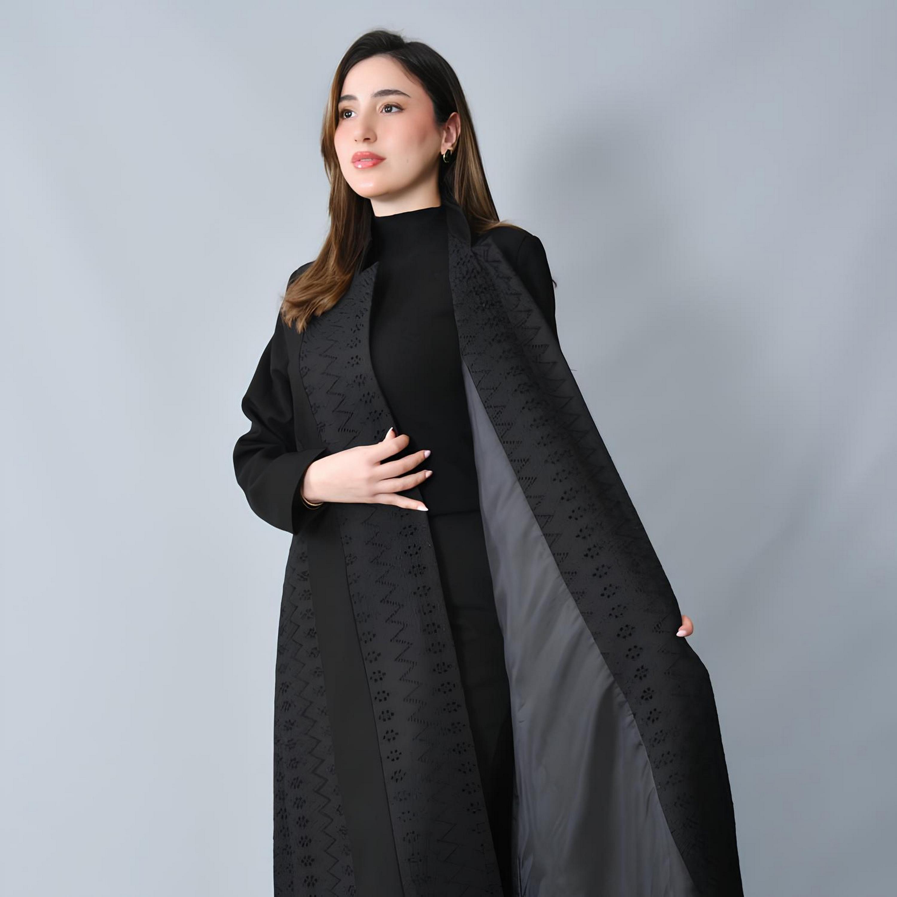 Hawraa Black Schiffli Embroidered Linen Women's Formal Abaya-women-arabicclothing-abayas-image-4