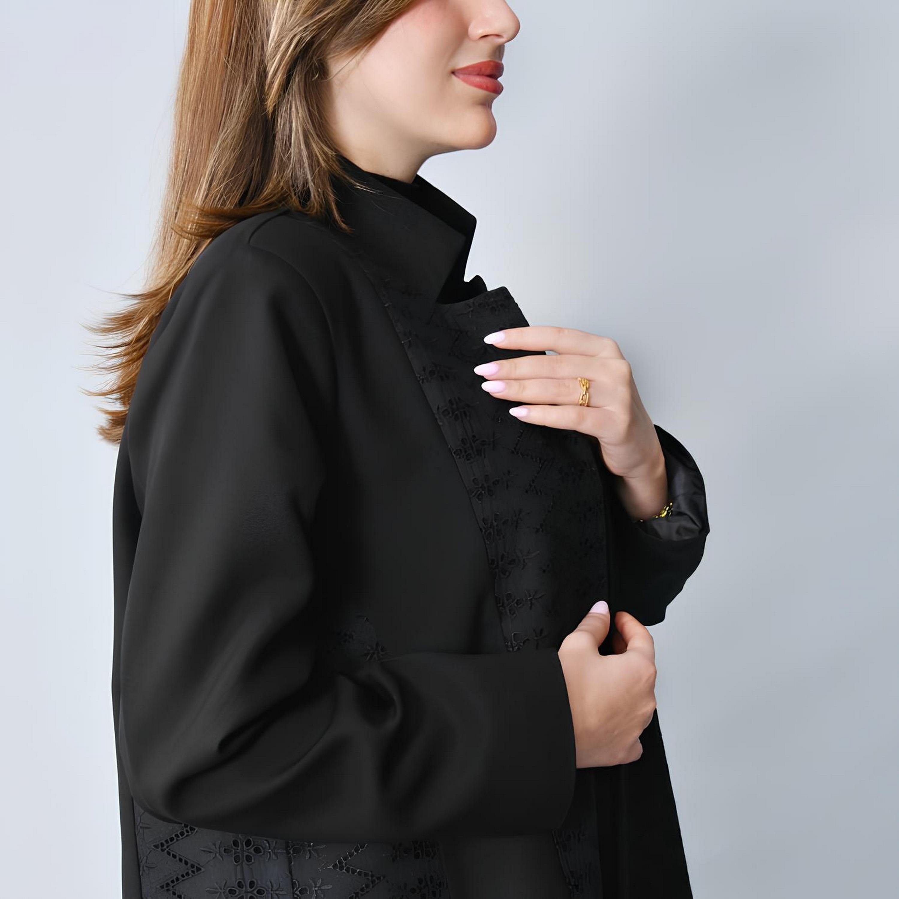 Hawraa Black Schiffli Embroidered Linen Women's Formal Abaya-women-arabicclothing-abayas-image-5