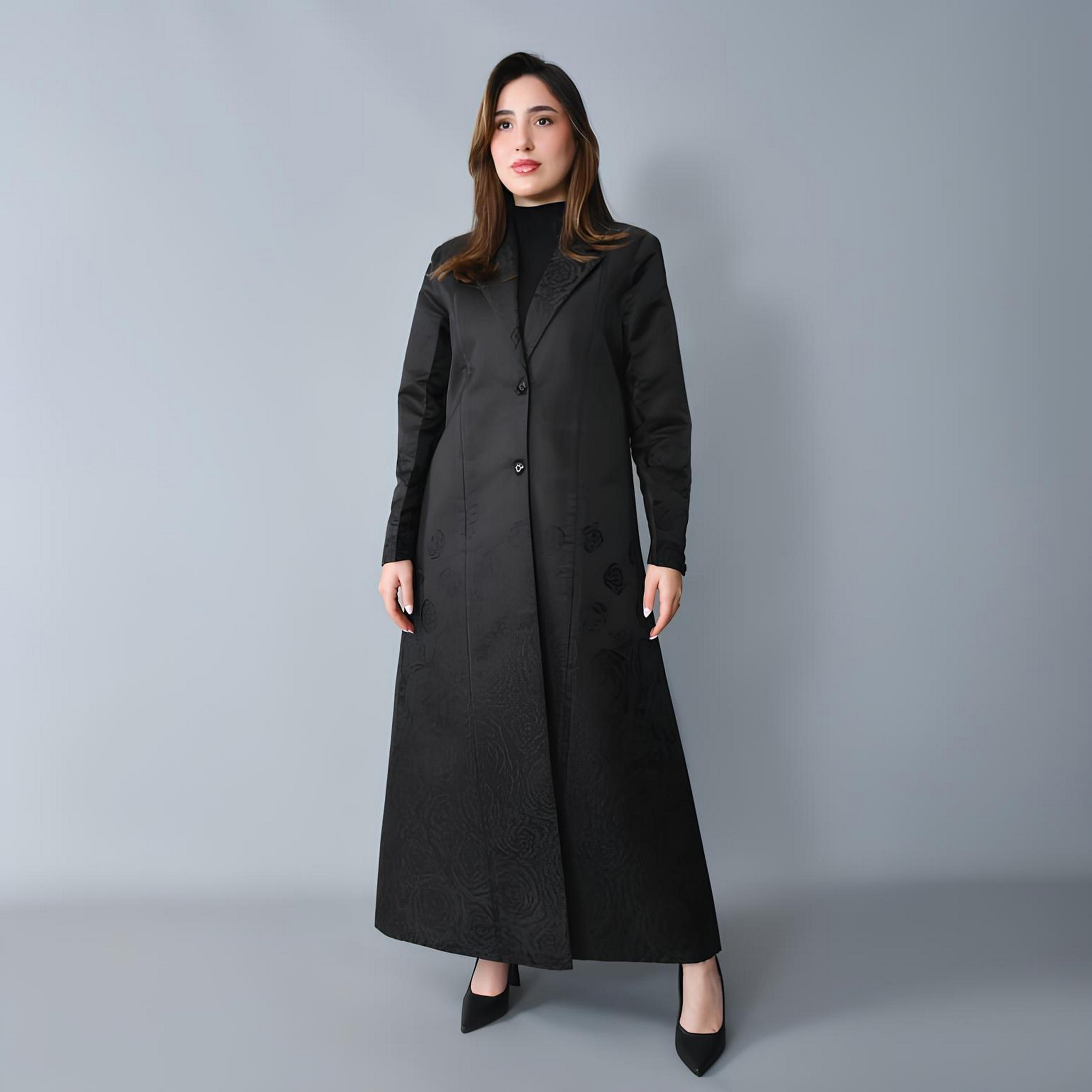Hawraa Black Jacquard Floral Lapel Collar Linen Women's Formal Blazer Style Abaya-women-arabicclothing-abayas-image-1