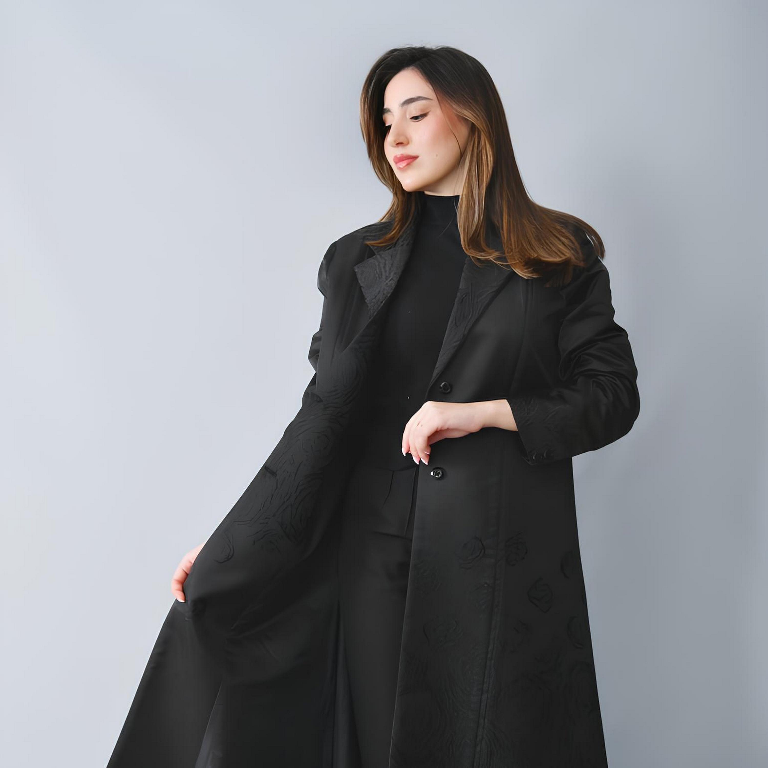 Hawraa Black Jacquard Floral Lapel Collar Linen Women's Formal Blazer Style Abaya-women-arabicclothing-abayas-image-2