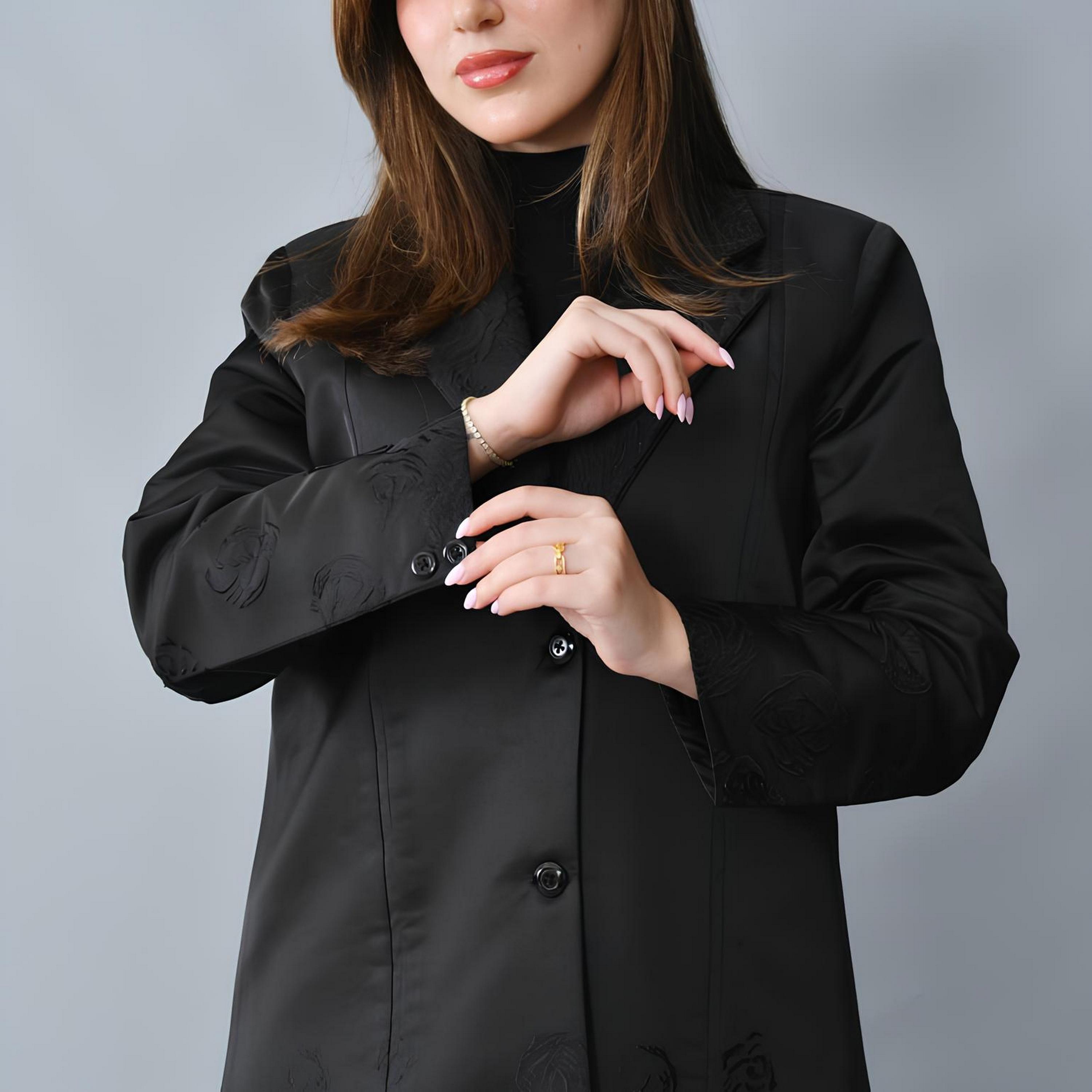 Hawraa Black Jacquard Floral Lapel Collar Linen Women's Formal Blazer Style Abaya-women-arabicclothing-abayas-image-3