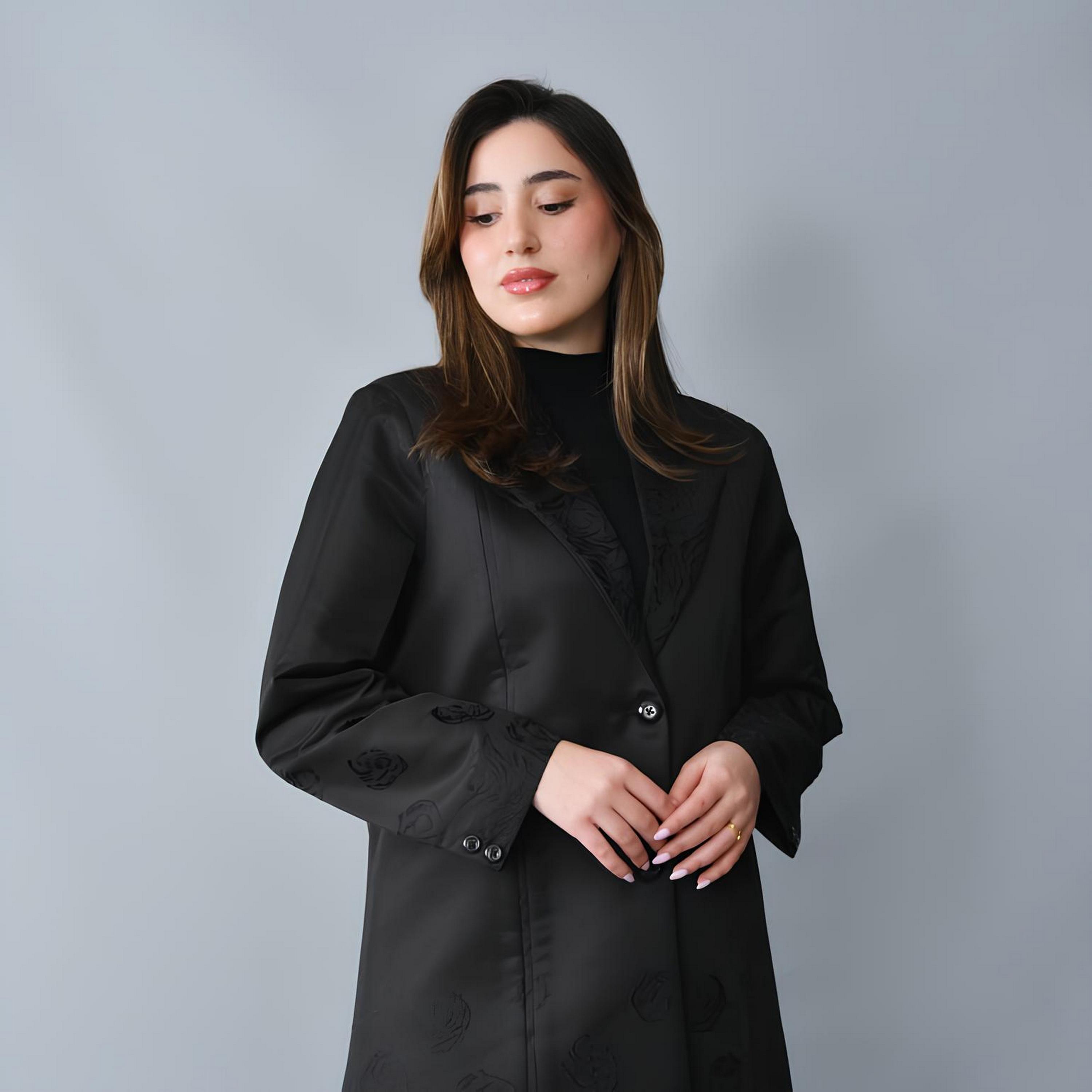 Hawraa Black Jacquard Floral Lapel Collar Linen Women's Formal Blazer Style Abaya-women-arabicclothing-abayas-image-4