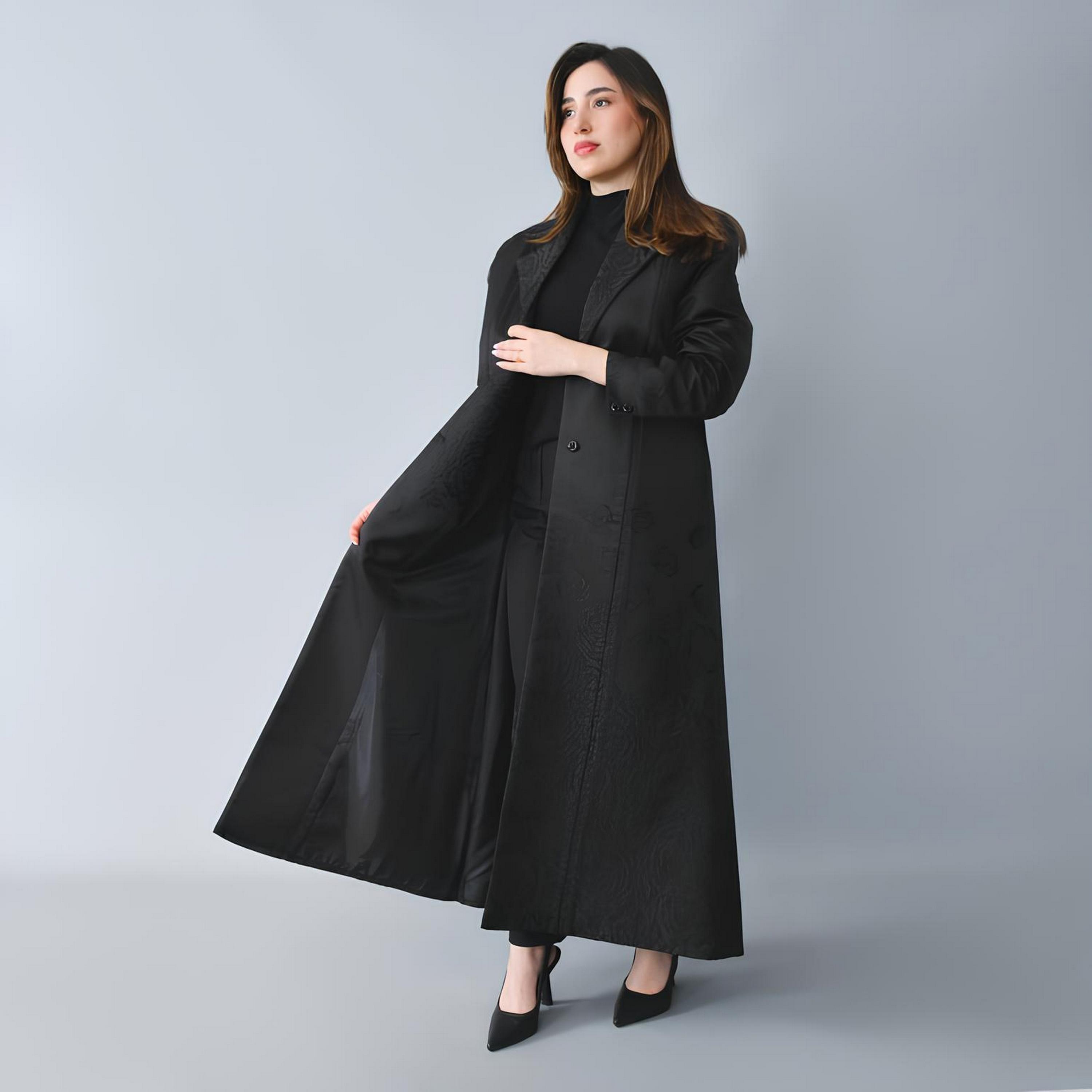 Hawraa Black Jacquard Floral Lapel Collar Linen Women's Formal Blazer Style Abaya-women-arabicclothing-abayas-image-5