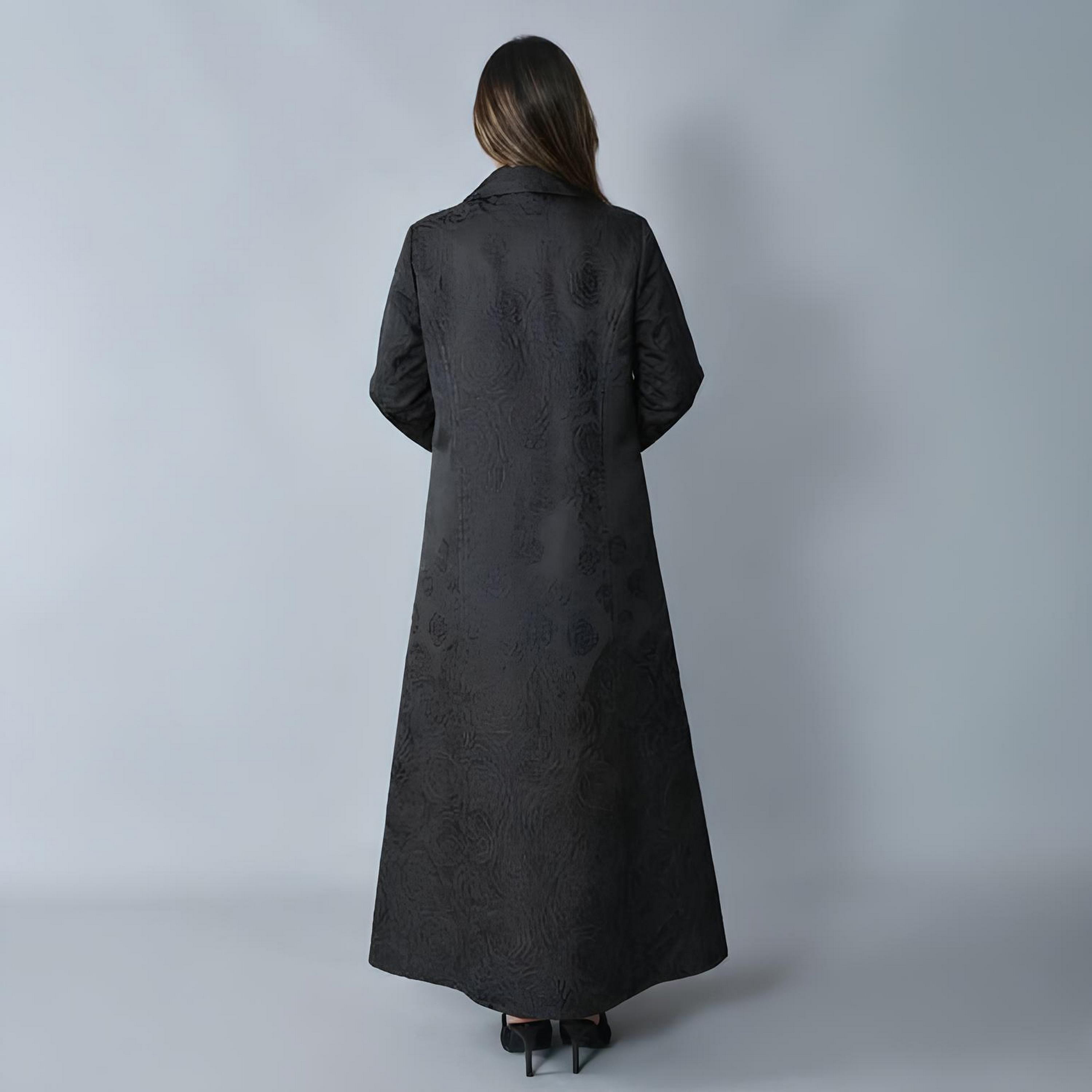 Hawraa Black Jacquard Floral Lapel Collar Linen Women's Formal Blazer Style Abaya-women-arabicclothing-abayas-image-6