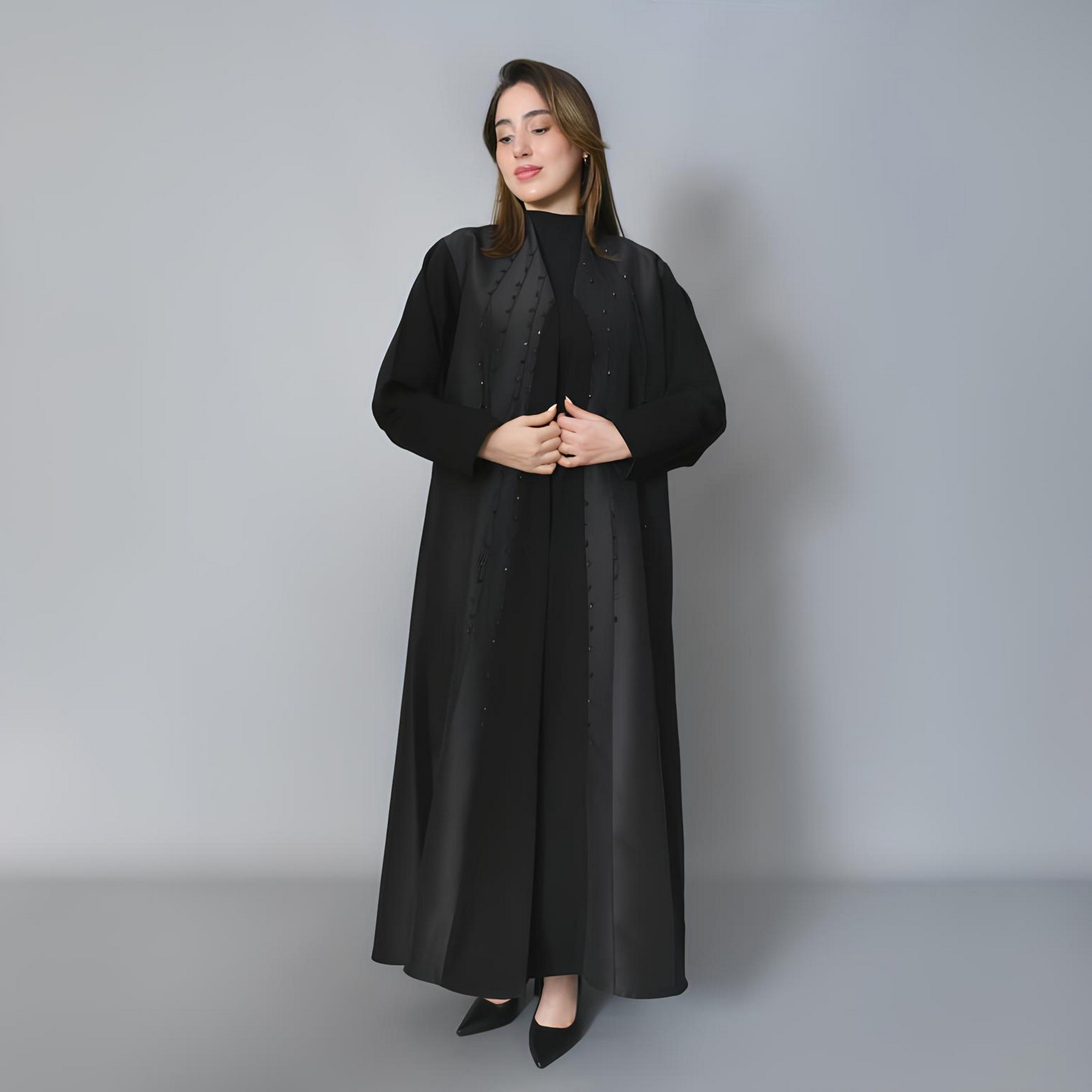 Hawraa Black Beaded Linen Women's Evening Abaya-women-arabicclothing-abayas-image-1