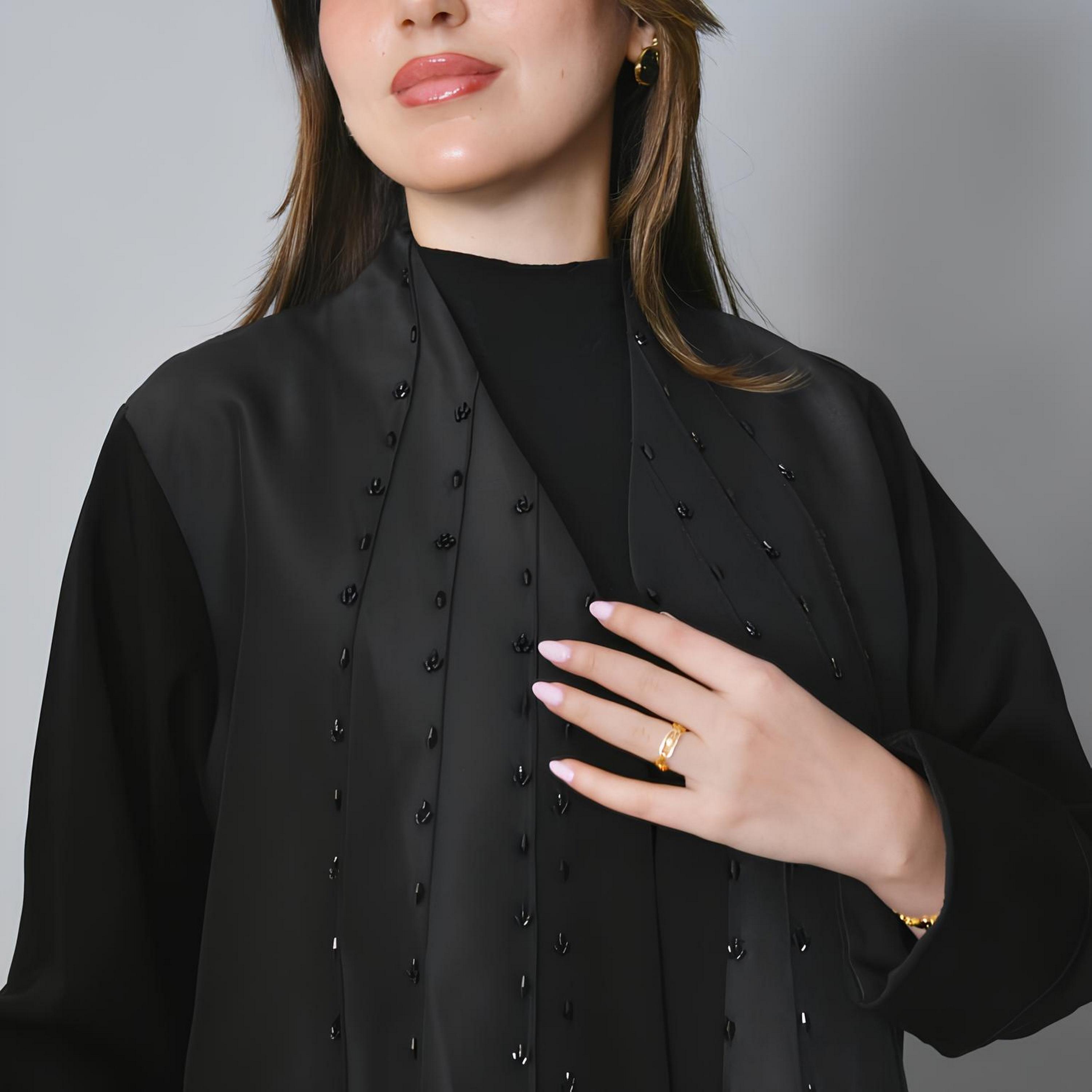 Hawraa Black Beaded Linen Women's Evening Abaya-women-arabicclothing-abayas-image-2