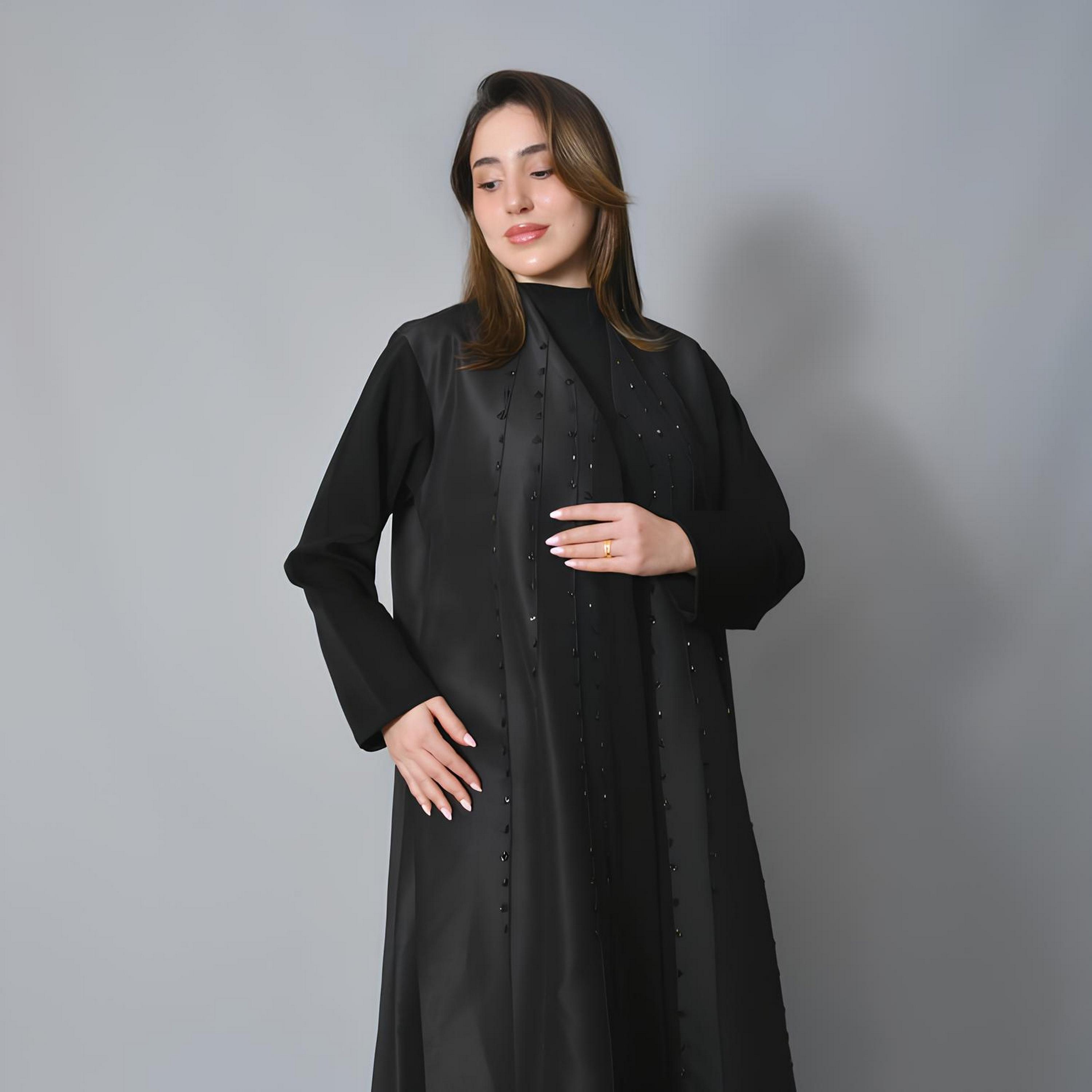 Hawraa Black Beaded Linen Women's Evening Abaya-women-arabicclothing-abayas-image-3