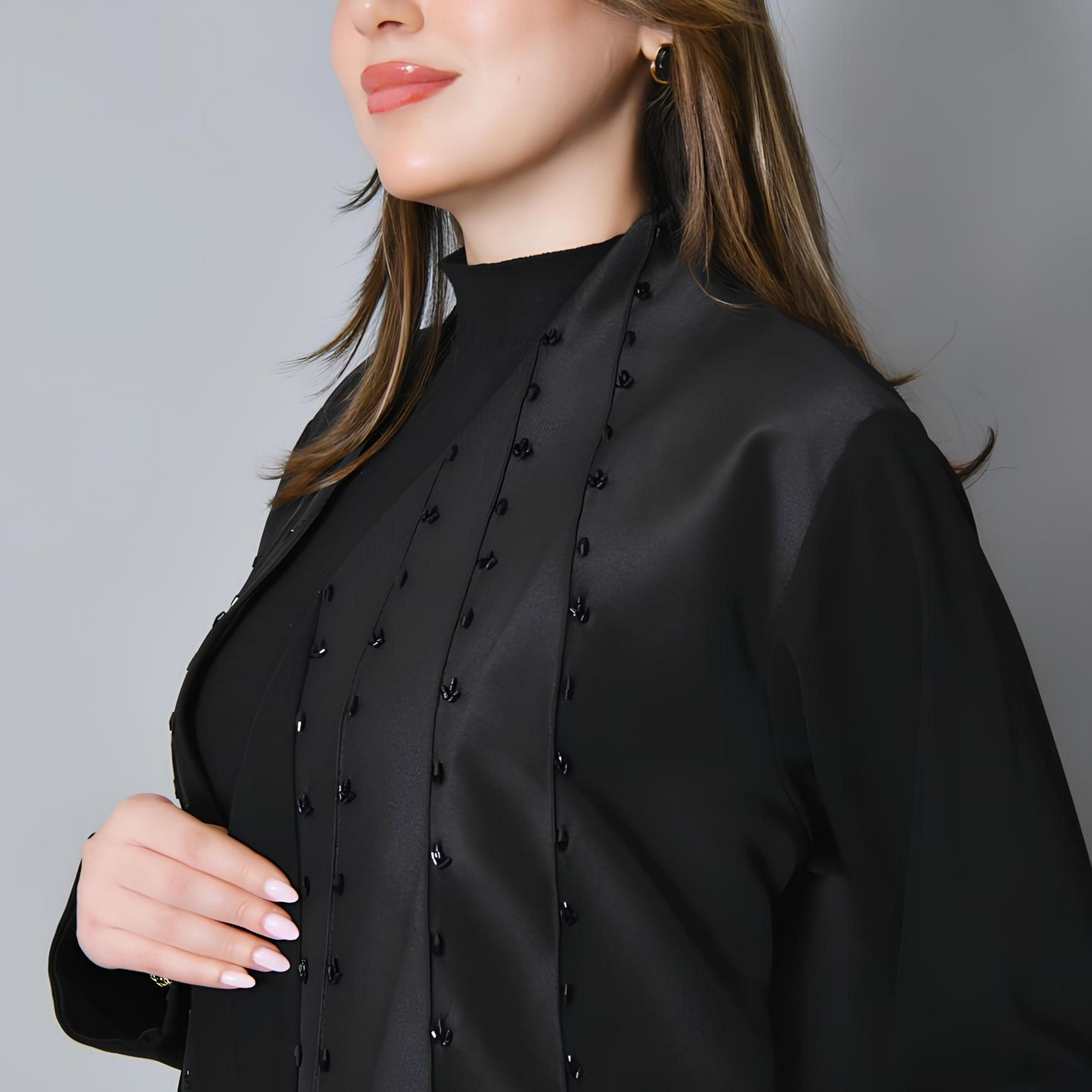Hawraa Black Beaded Linen Women's Evening Abaya-women-arabicclothing-abayas-image-4