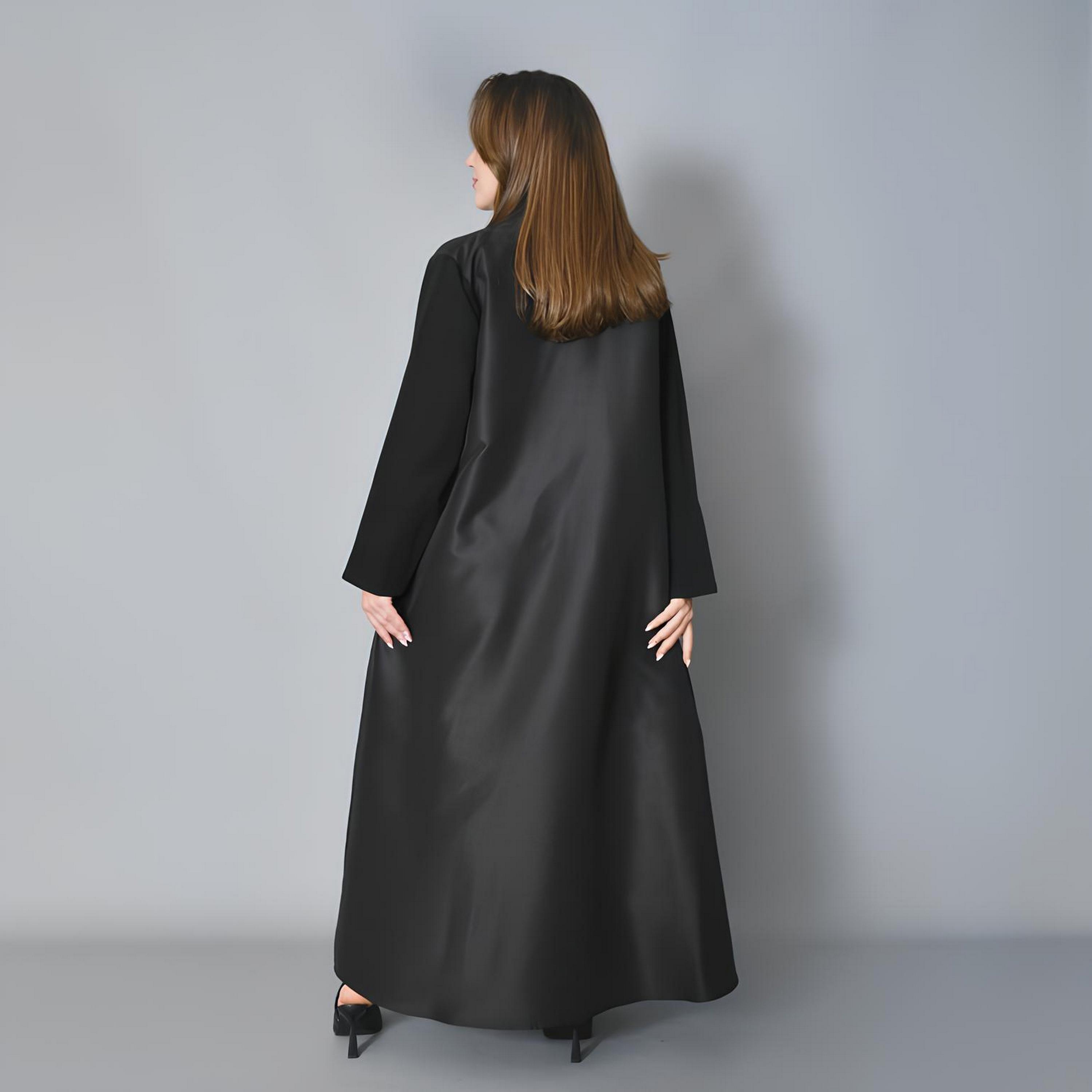 Hawraa Black Beaded Linen Women's Evening Abaya-women-arabicclothing-abayas-image-5