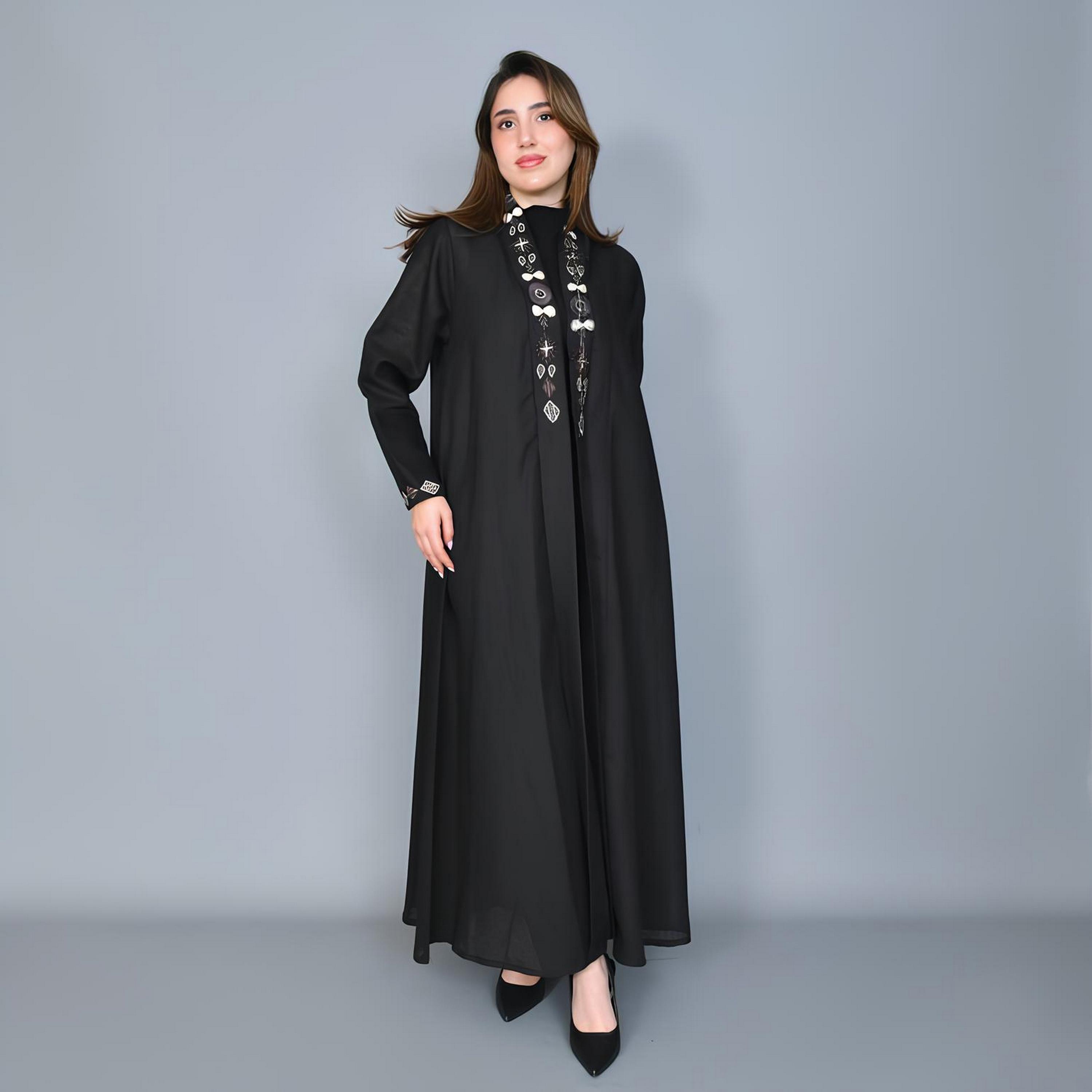 Hawraa Black Embroidered Linen Women's Evening Quarter-Cloche Cut Abaya-women-arabicclothing-abayas-image-1