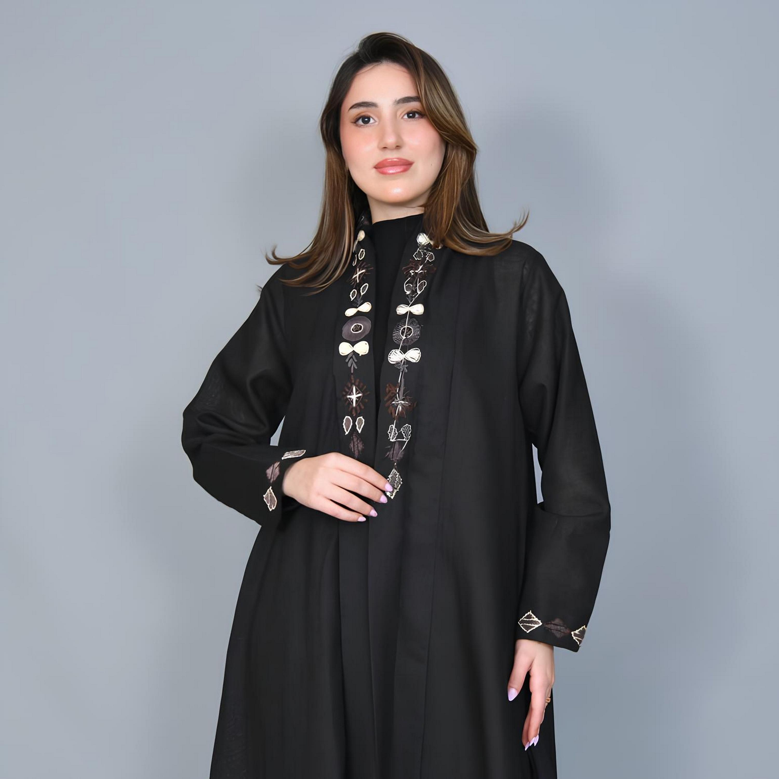 Hawraa Black Embroidered Linen Women's Evening Quarter-Cloche Cut Abaya-women-arabicclothing-abayas-image-2