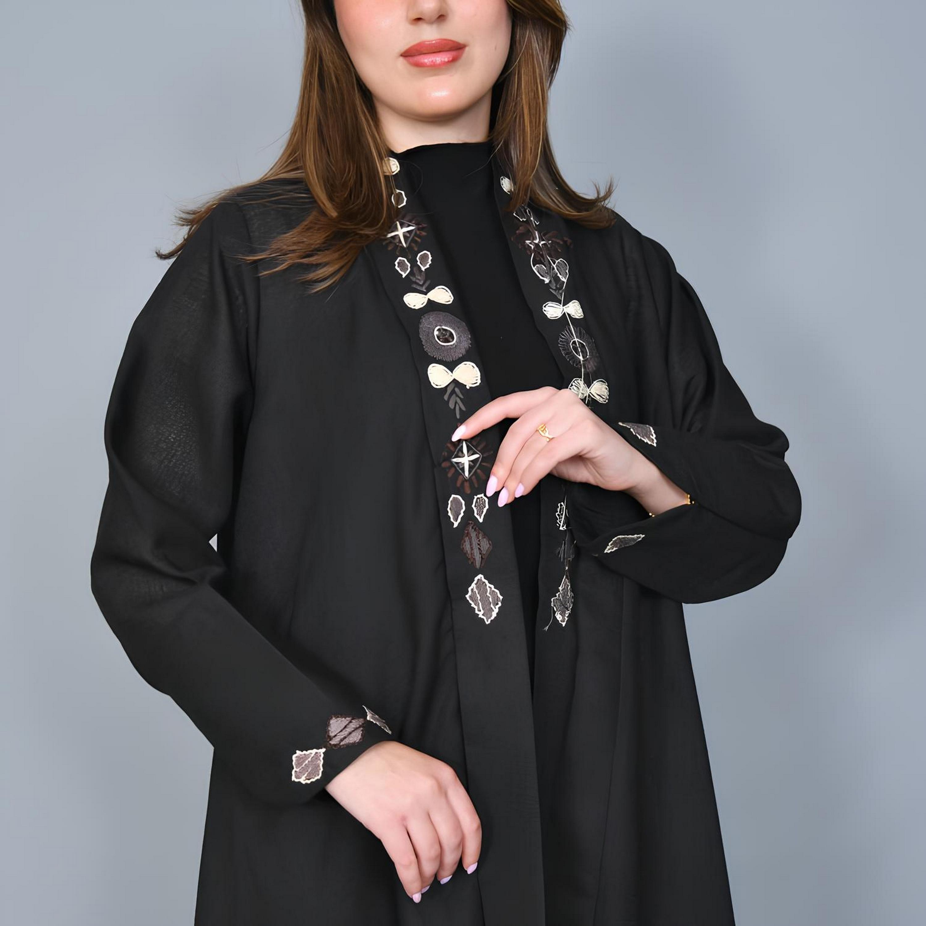 Hawraa Black Embroidered Linen Women's Evening Quarter-Cloche Cut Abaya-women-arabicclothing-abayas-image-3