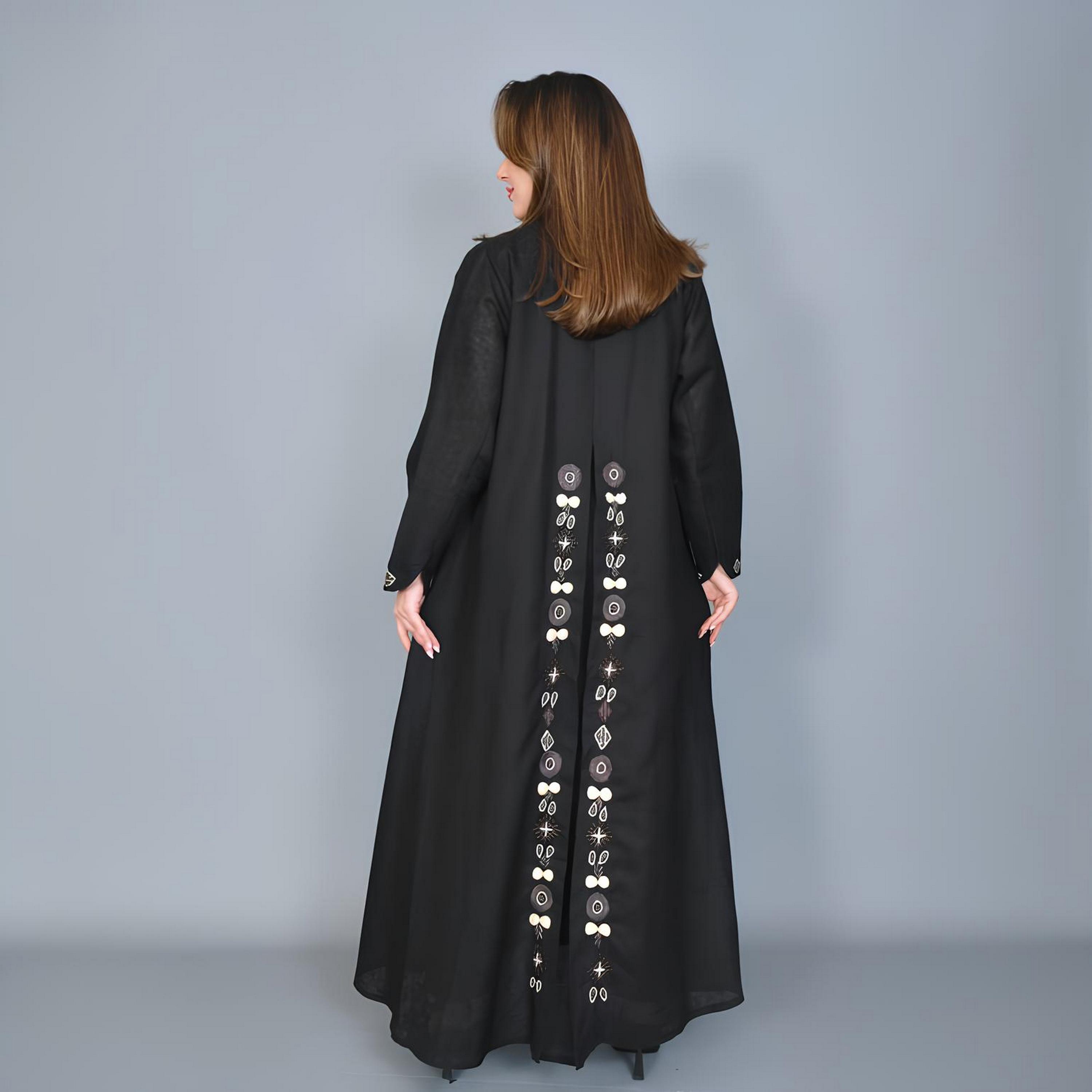 Hawraa Black Embroidered Linen Women's Evening Quarter-Cloche Cut Abaya-women-arabicclothing-abayas-image-5