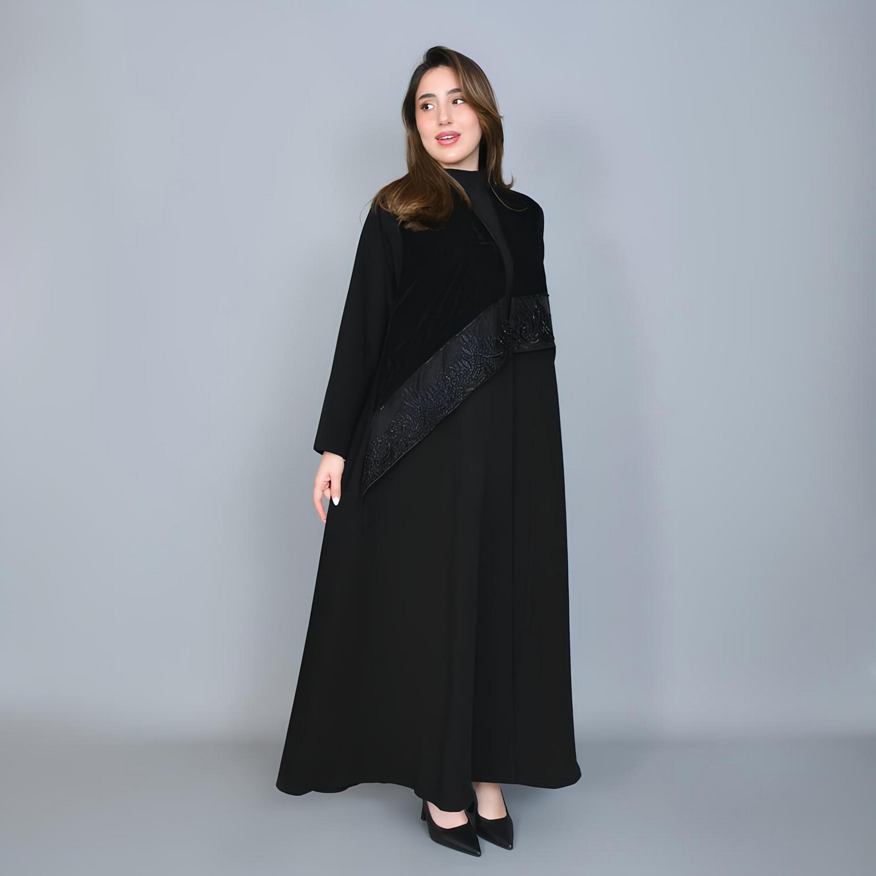 Hawraa Black Beaded Velvet Women's Abaya-women-arabicclothing-abayas-image-1
