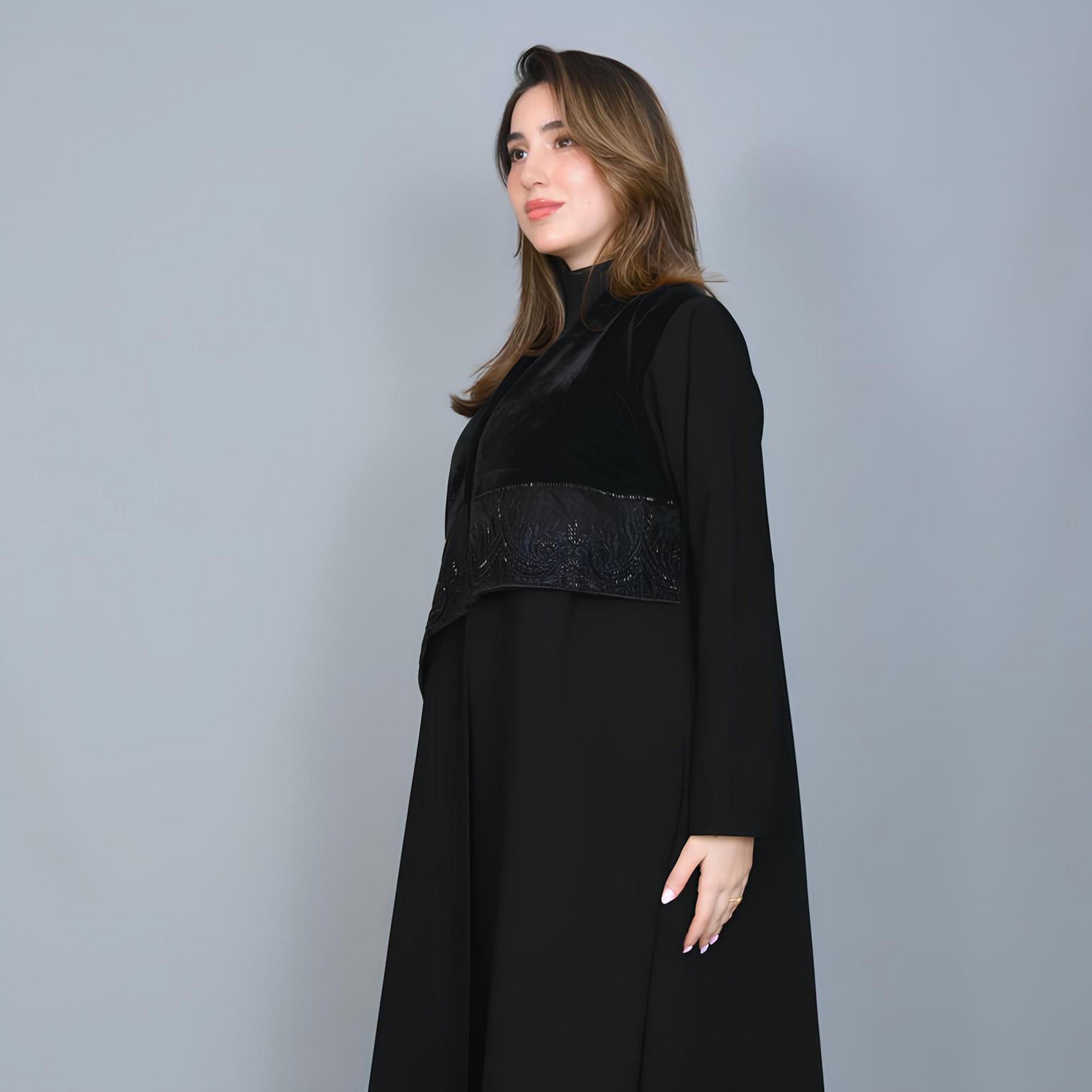 Hawraa Black Beaded Velvet Women's Abaya-women-arabicclothing-abayas-image-2