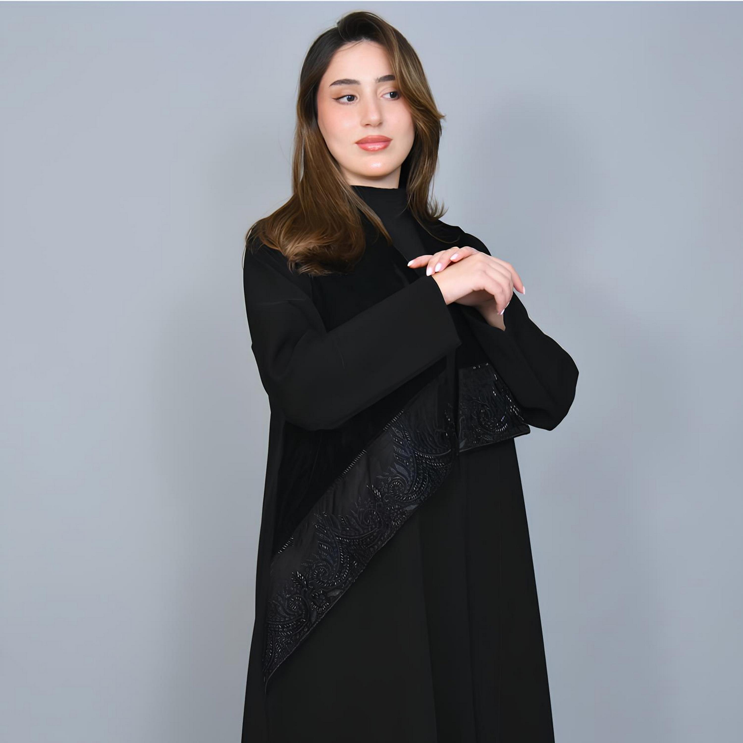 Hawraa Black Beaded Velvet Women's Abaya-women-arabicclothing-abayas-image-3