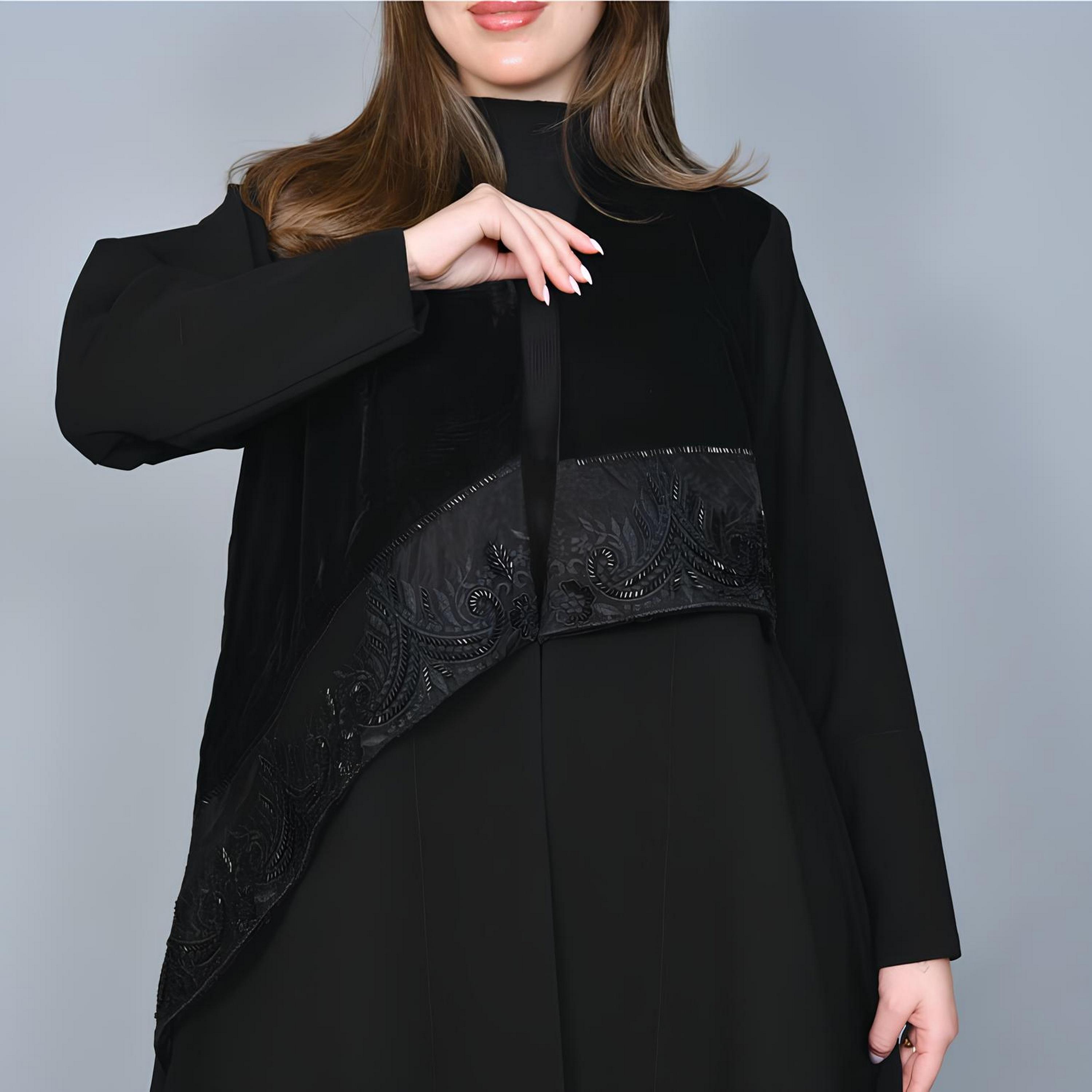 Hawraa Black Beaded Velvet Women's Abaya-women-arabicclothing-abayas-image-4